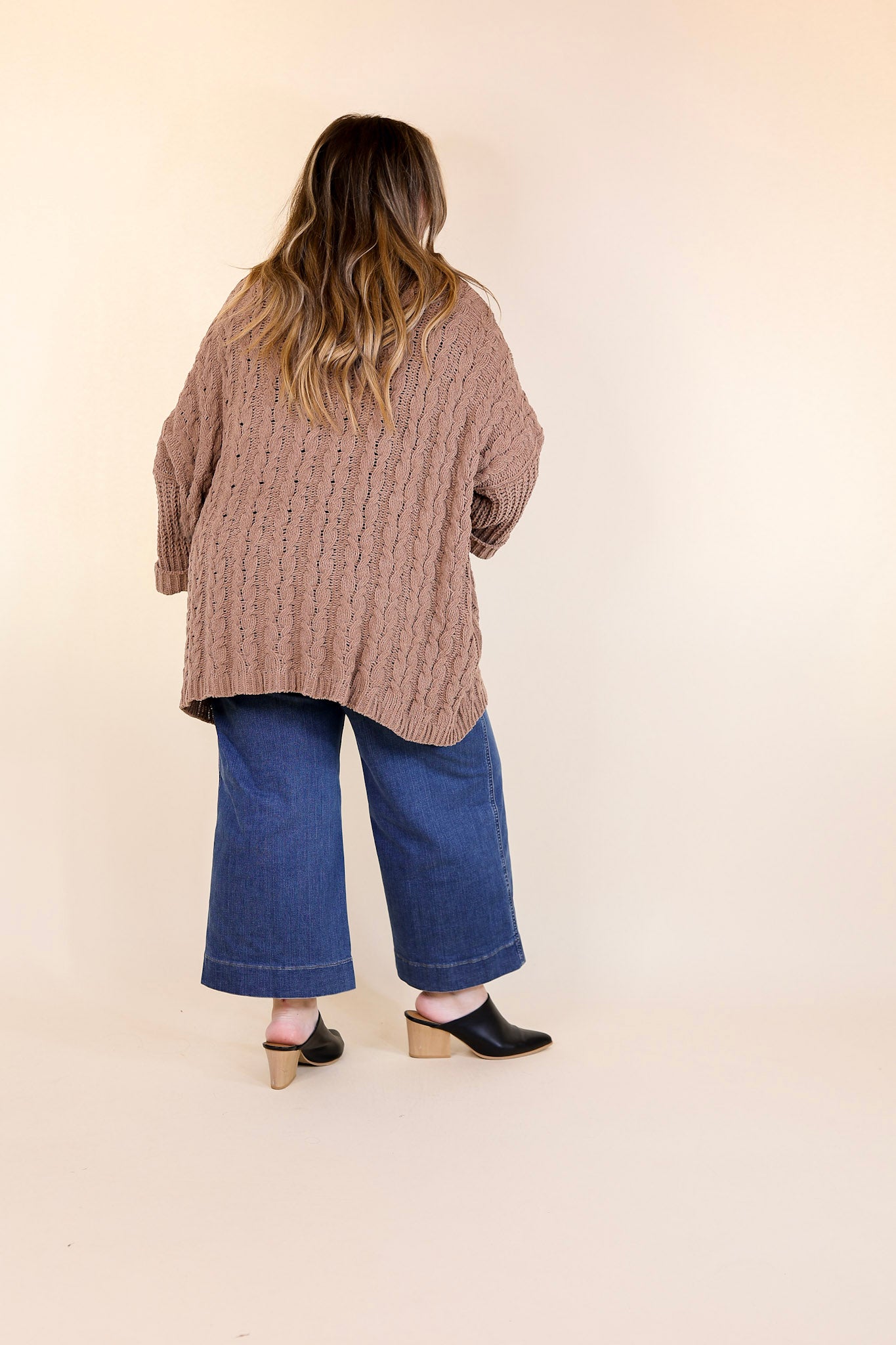 On My Level Chenille Cable Knit Open Front Cardigan in Cappuccino Brown