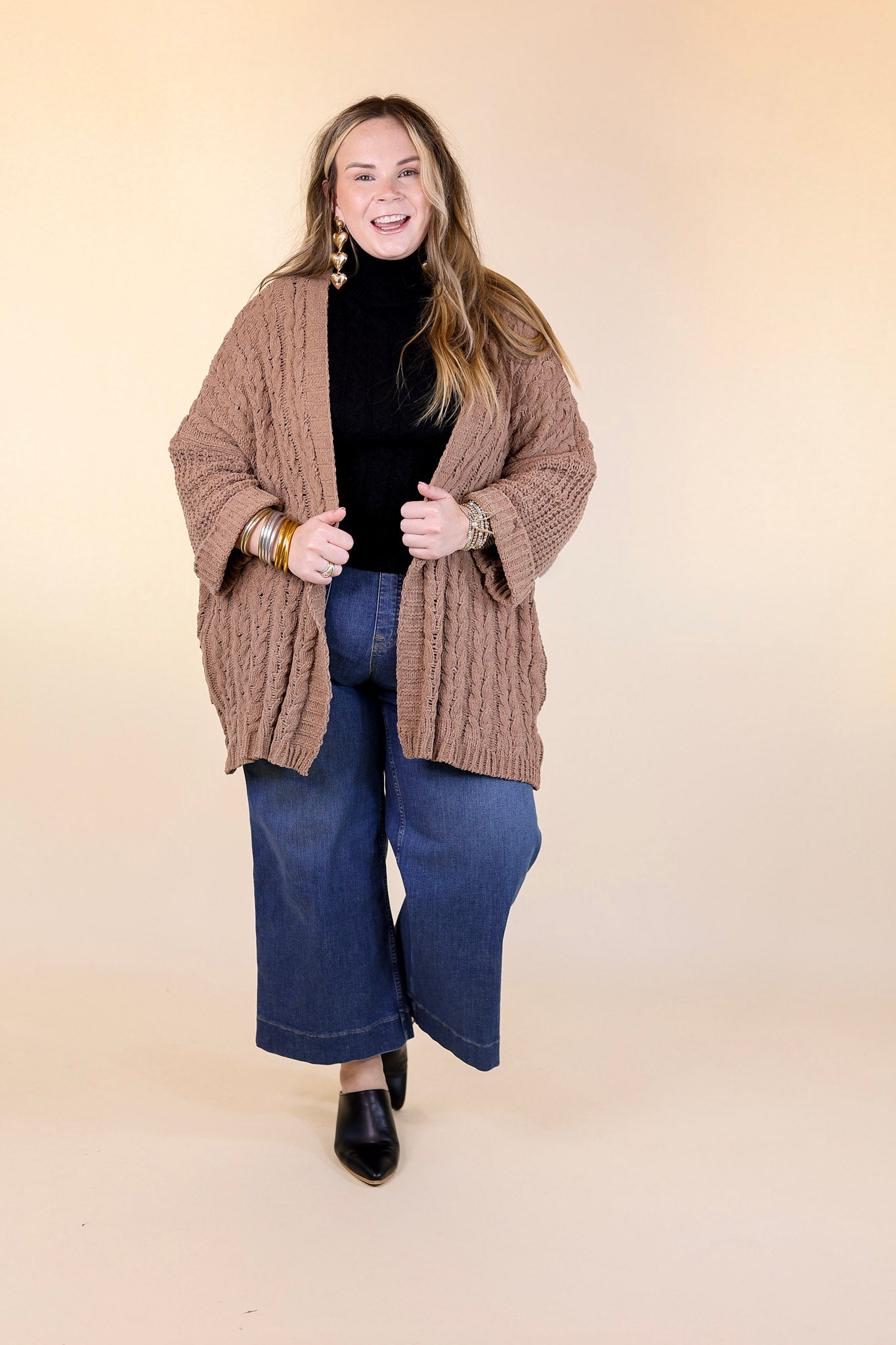 On My Level Chenille Cable Knit Open Front Cardigan in Cappuccino Brown