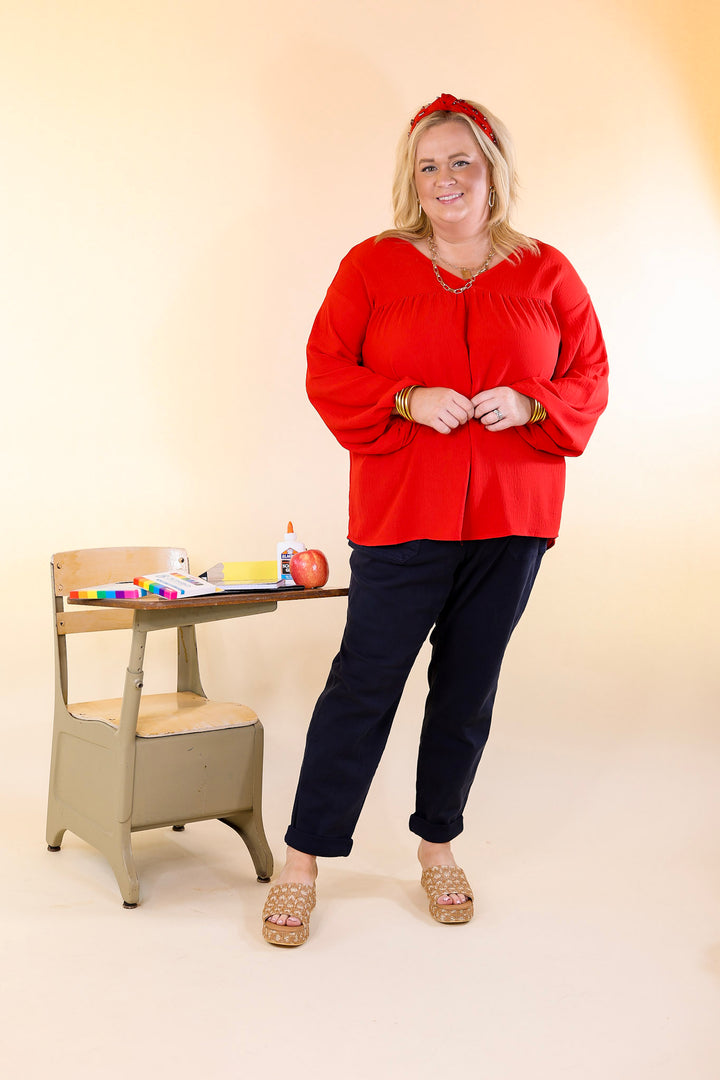 Last Chance Size 2XL | Office Feels Long Sleeve V Neck Babydoll Top in Red