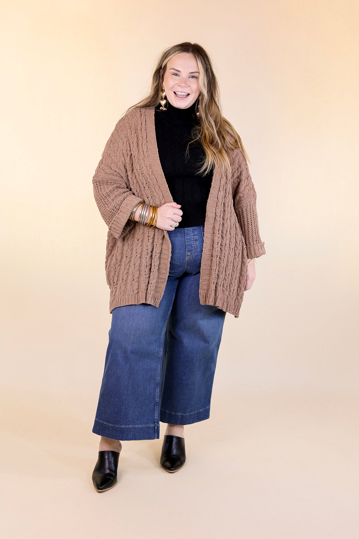 On My Level Chenille Cable Knit Open Front Cardigan in Cappuccino Brown