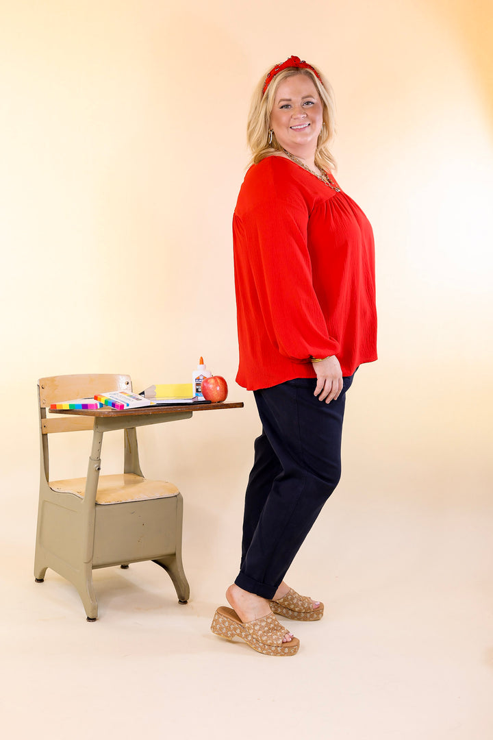 Last Chance Size 2XL | Office Feels Long Sleeve V Neck Babydoll Top in Red