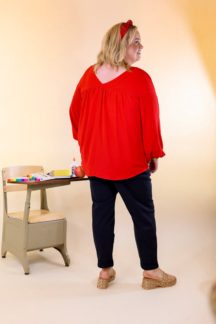 Last Chance Size 2XL | Office Feels Long Sleeve V Neck Babydoll Top in Red