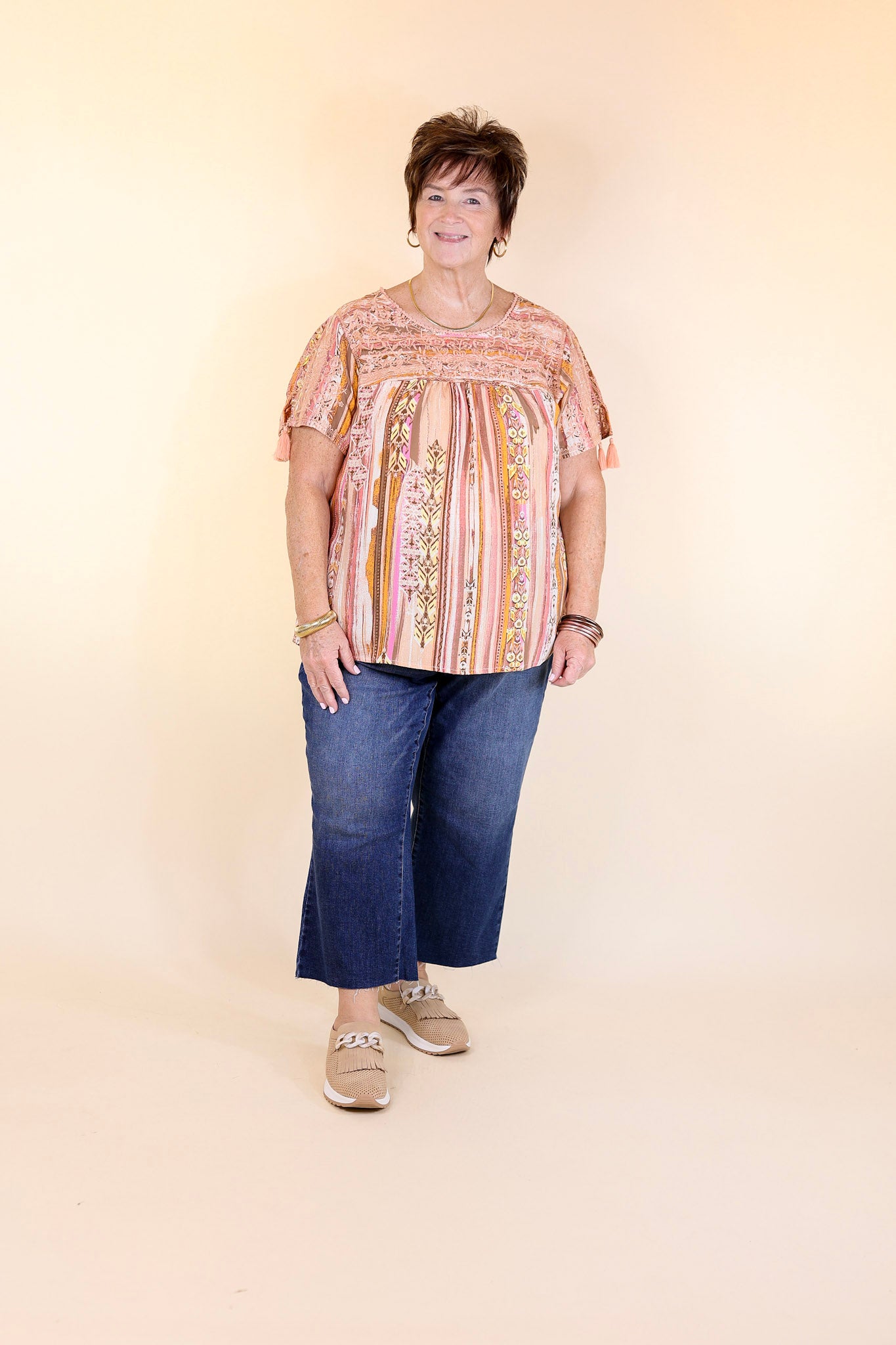 Sweet And Charming Striped Top with Floral Print Embroidery in Dusty Pink Mix