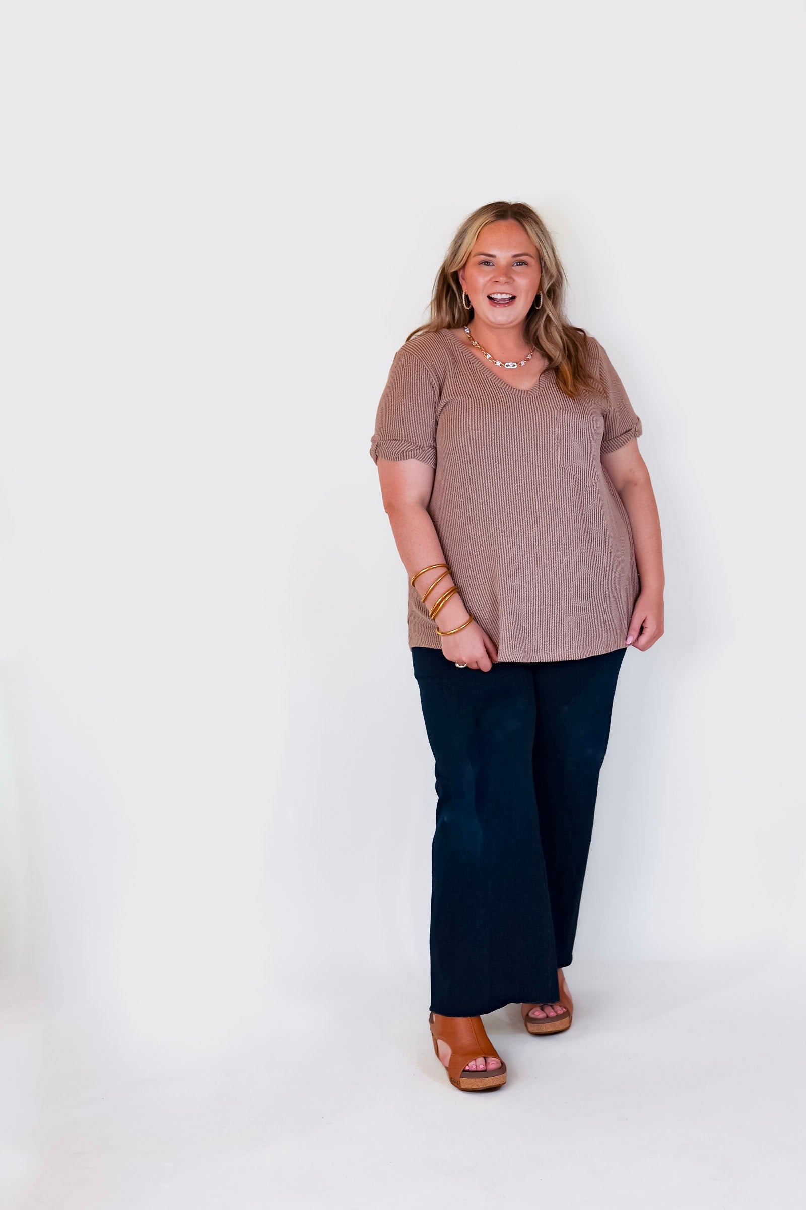 Only True Love Ribbed Short Sleeve Top with Front Pocket in Acorn Brown - Giddy Up Glamour Boutique