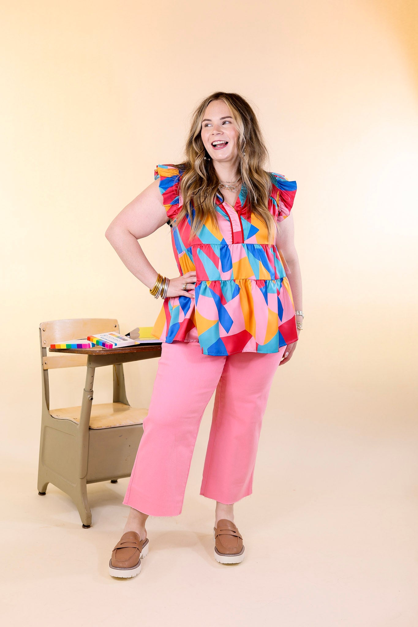 I Can't Wait V Neck with Ruffled Sleeves Top in Multicolor