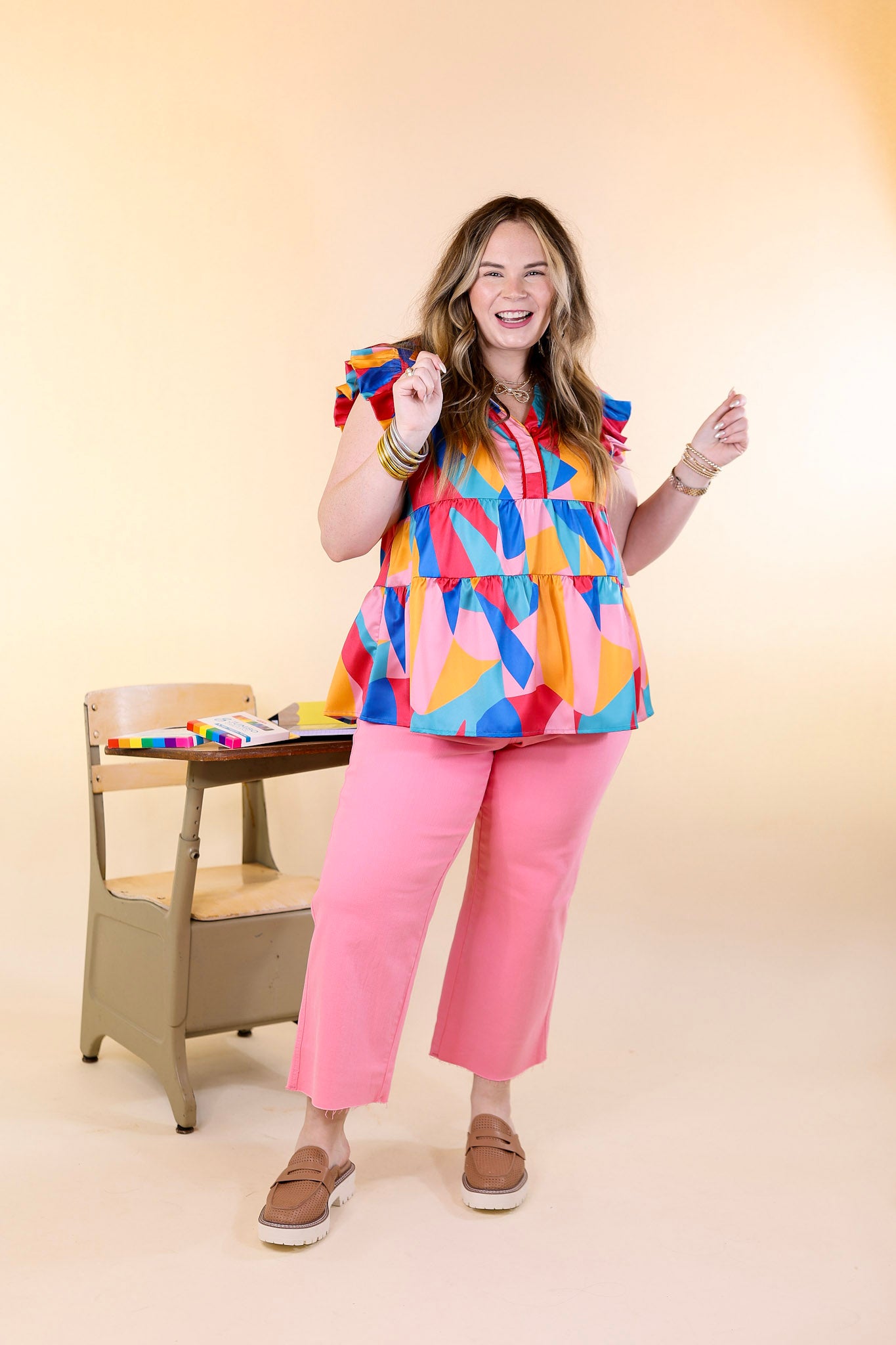 I Can't Wait V Neck with Ruffled Sleeves Top in Multicolor