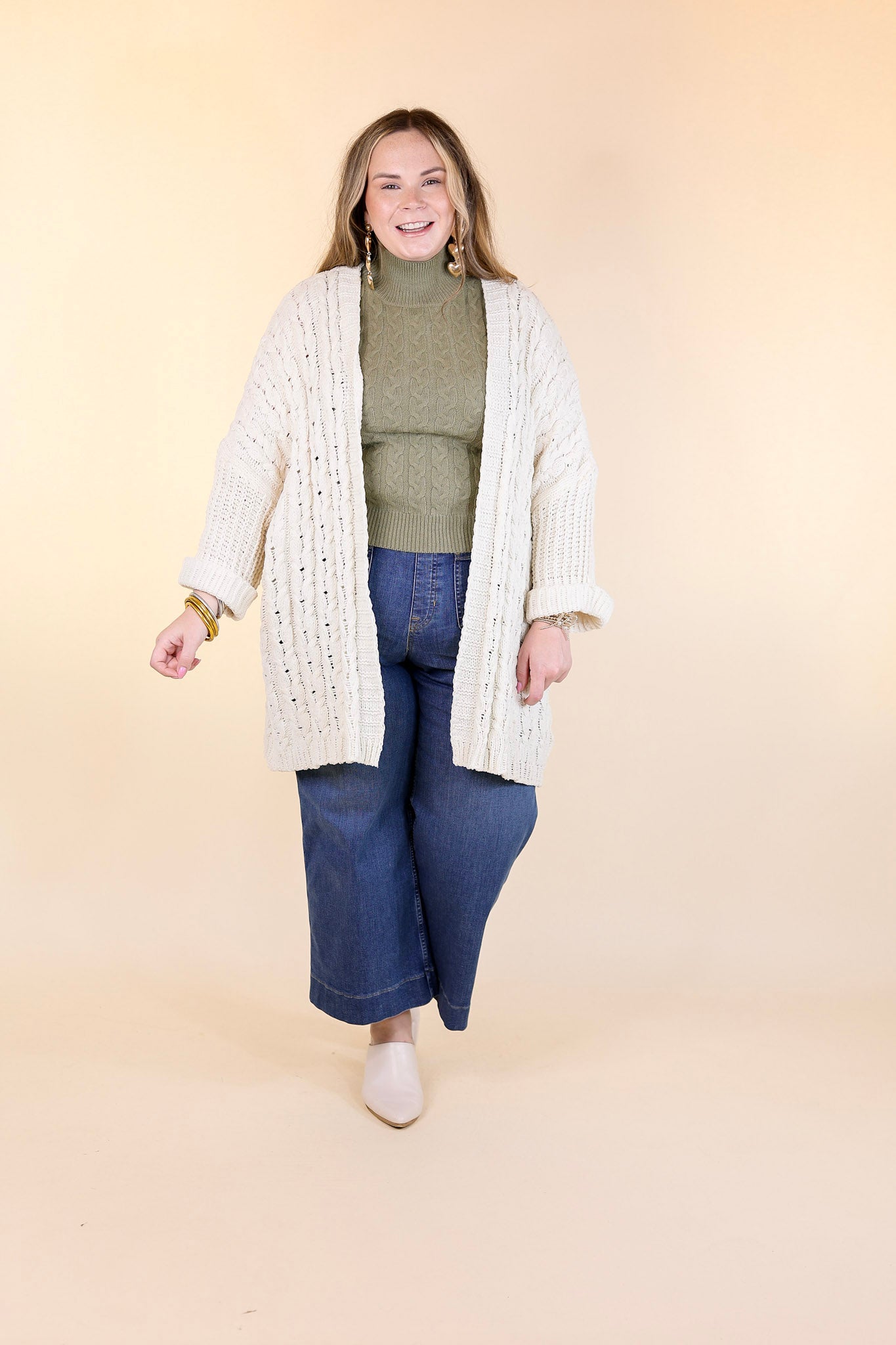 On My Level Chenille Cable Knit Open Front Cardigan in Ivory