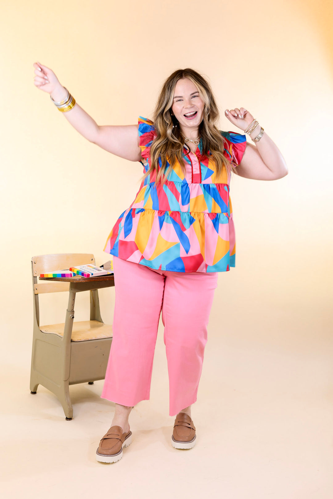 Last Chance Size XL | I Can't Wait V Neck with Ruffled Sleeves Top in Multicolor