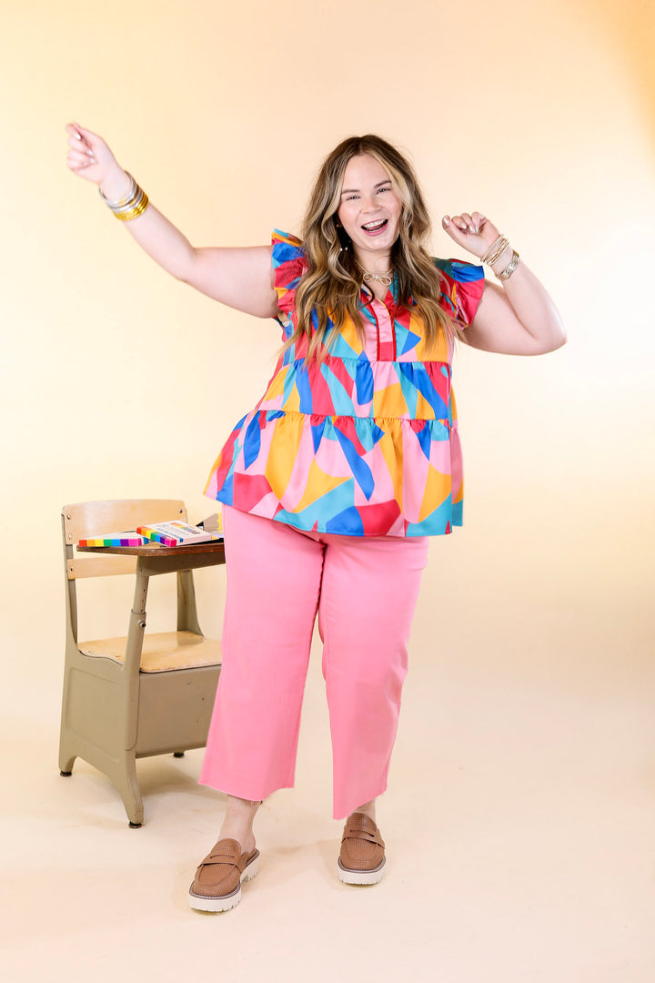 Last Chance Size XL | I Can't Wait V Neck with Ruffled Sleeves Top in Multicolor