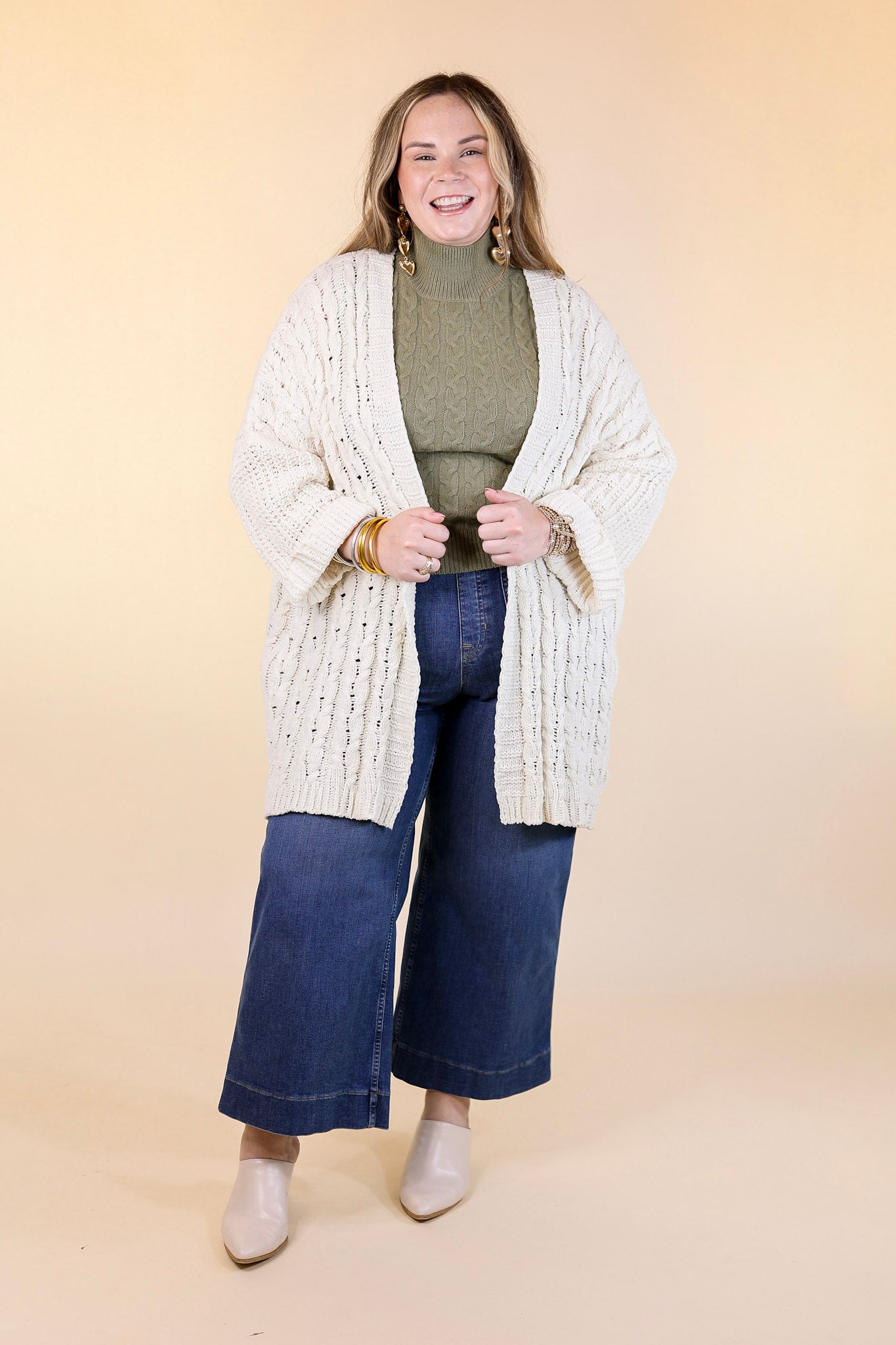 On My Level Chenille Cable Knit Open Front Cardigan in Ivory