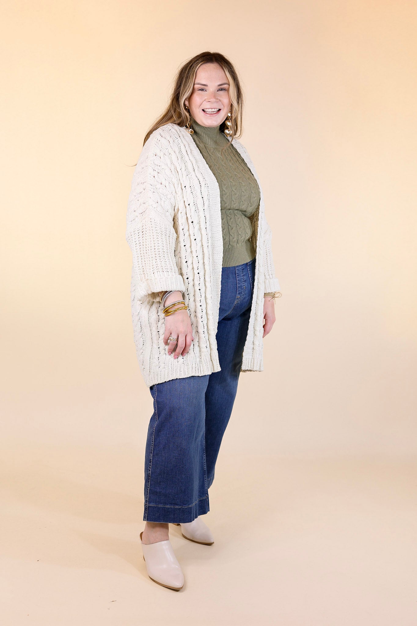 On My Level Chenille Cable Knit Open Front Cardigan in Ivory