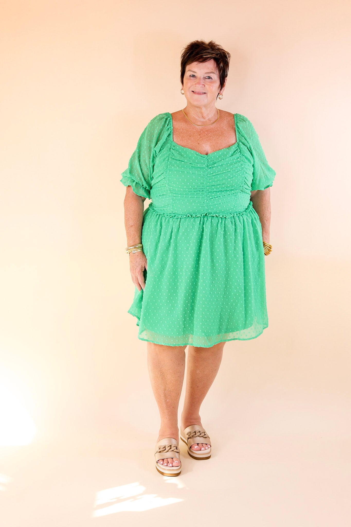 Favorite Adventure Swiss Dot Dress with Short Balloon Sleeves in Green