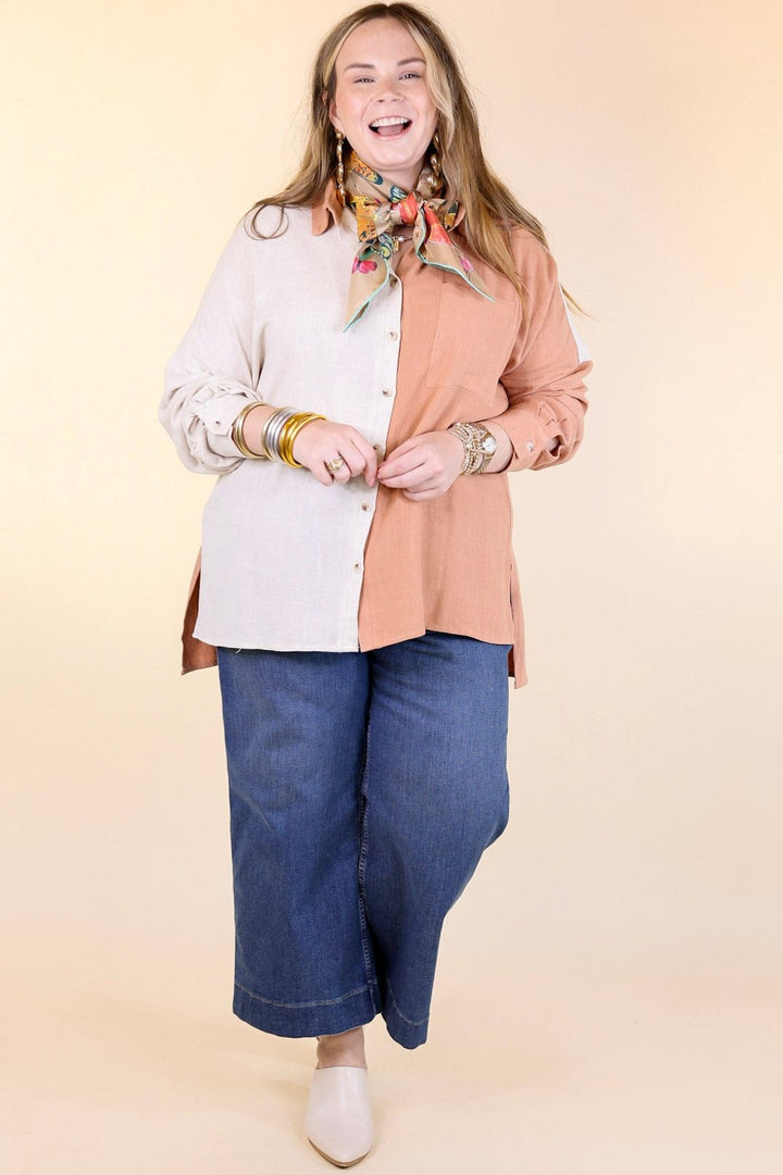 Follow Me Long Sleeve Button Up Color Block Top in Terracotta