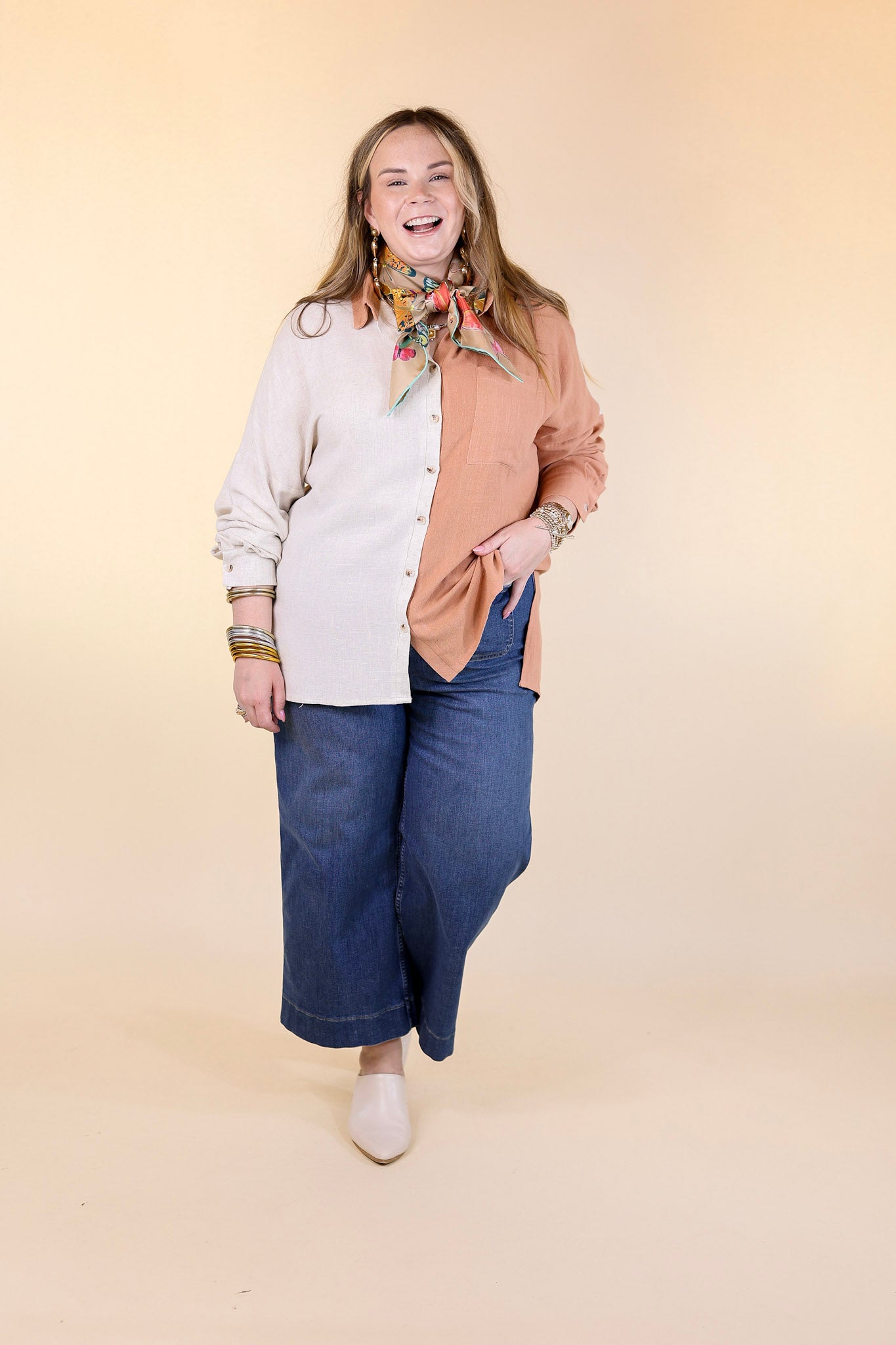 Follow Me Long Sleeve Button Up Color Block Top in Terracotta