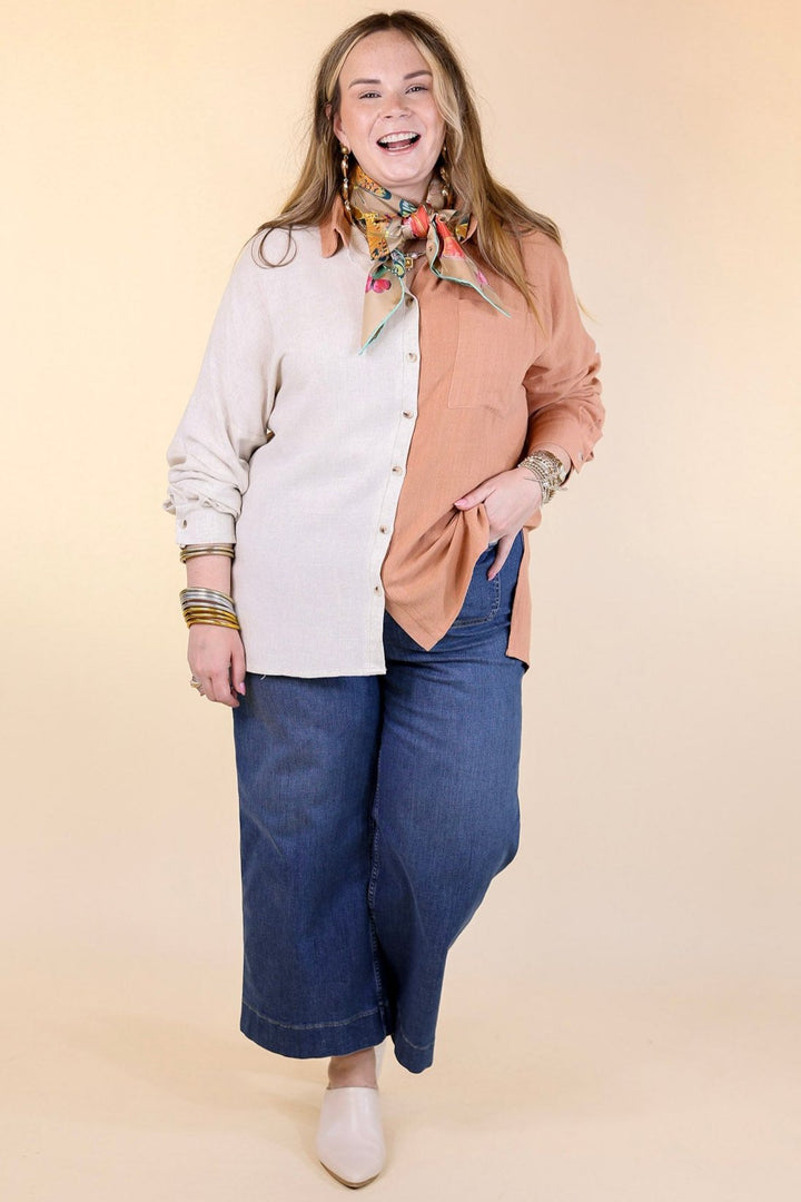 Follow Me Long Sleeve Button Up Color Block Top in Terracotta