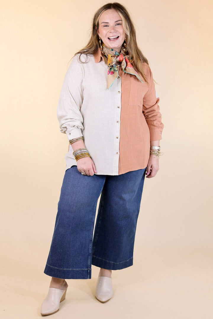 Follow Me Long Sleeve Button Up Color Block Top in Terracotta
