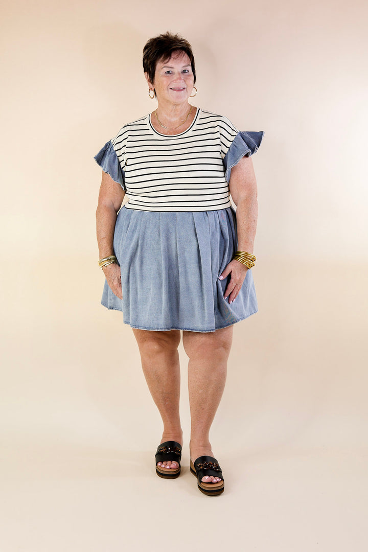 Denim Duo Striped Dress in Cream and Black with Denim