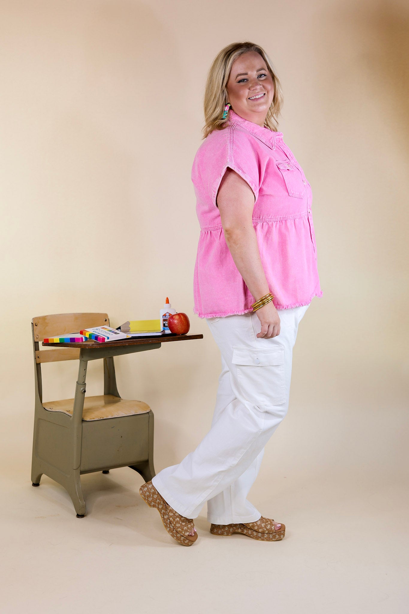 Stay Beautiful Button Up Denim Top in Pink