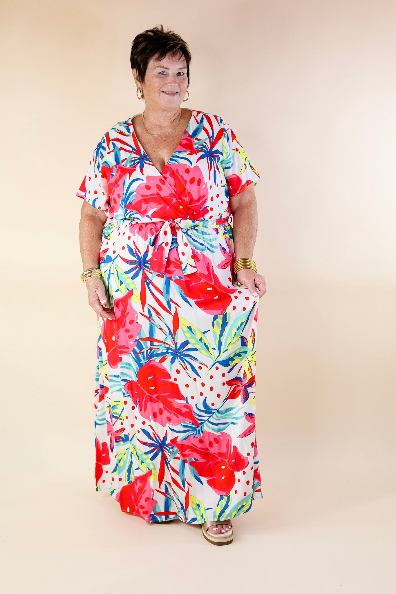 Delightful Dip Tropical Floral Maxi Dress with Waist Tie in White