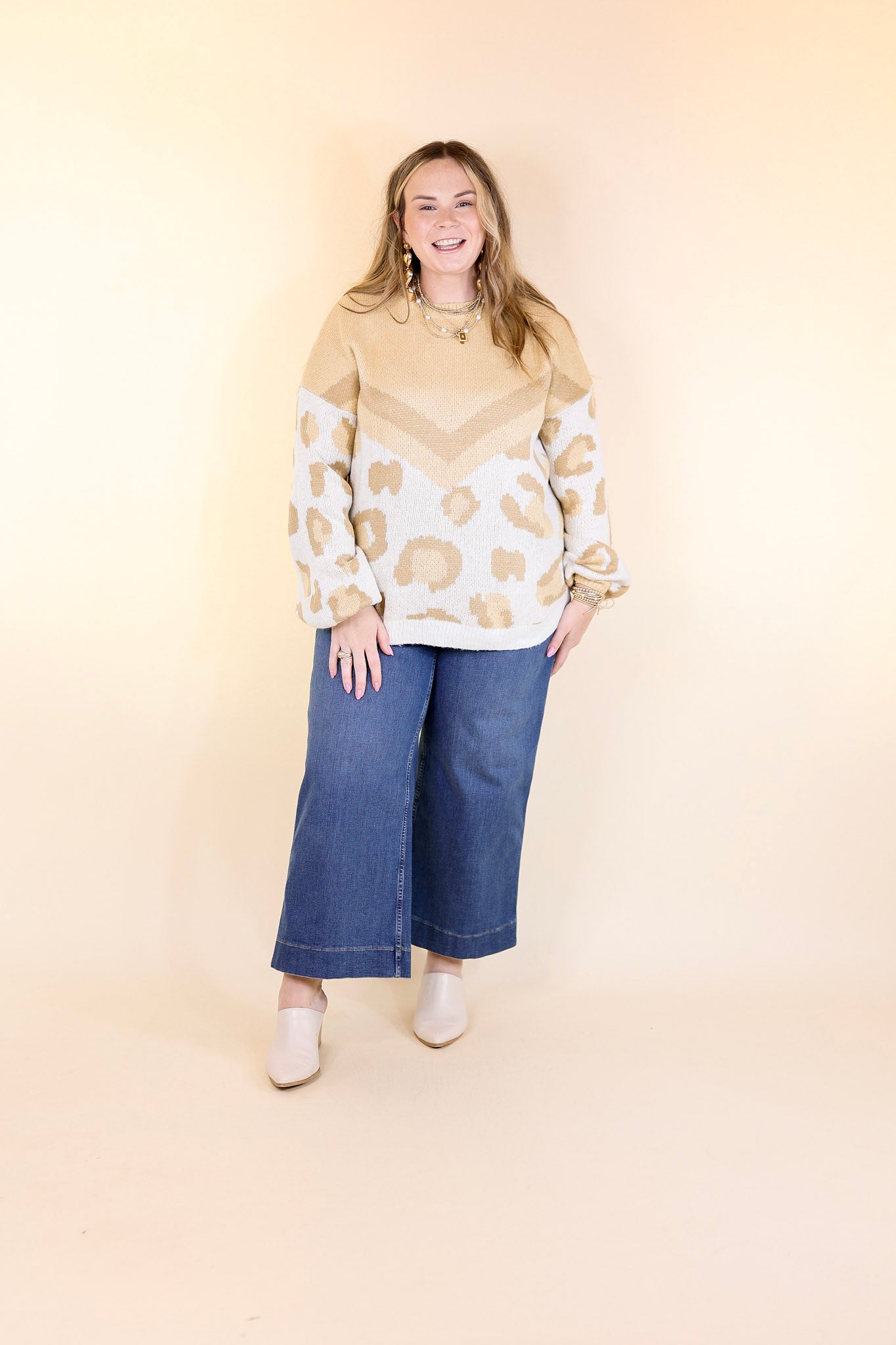 Thankful Thoughts Leopard Print and Chevron Print Block Sweater in Beige