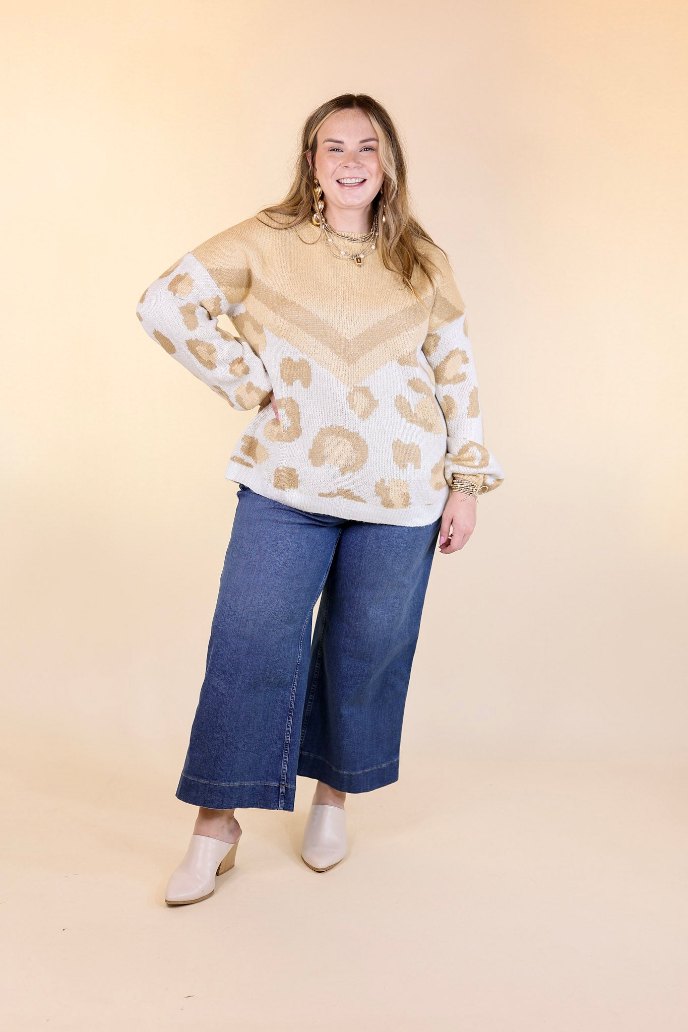 Thankful Thoughts Leopard Print and Chevron Print Block Sweater in Beige