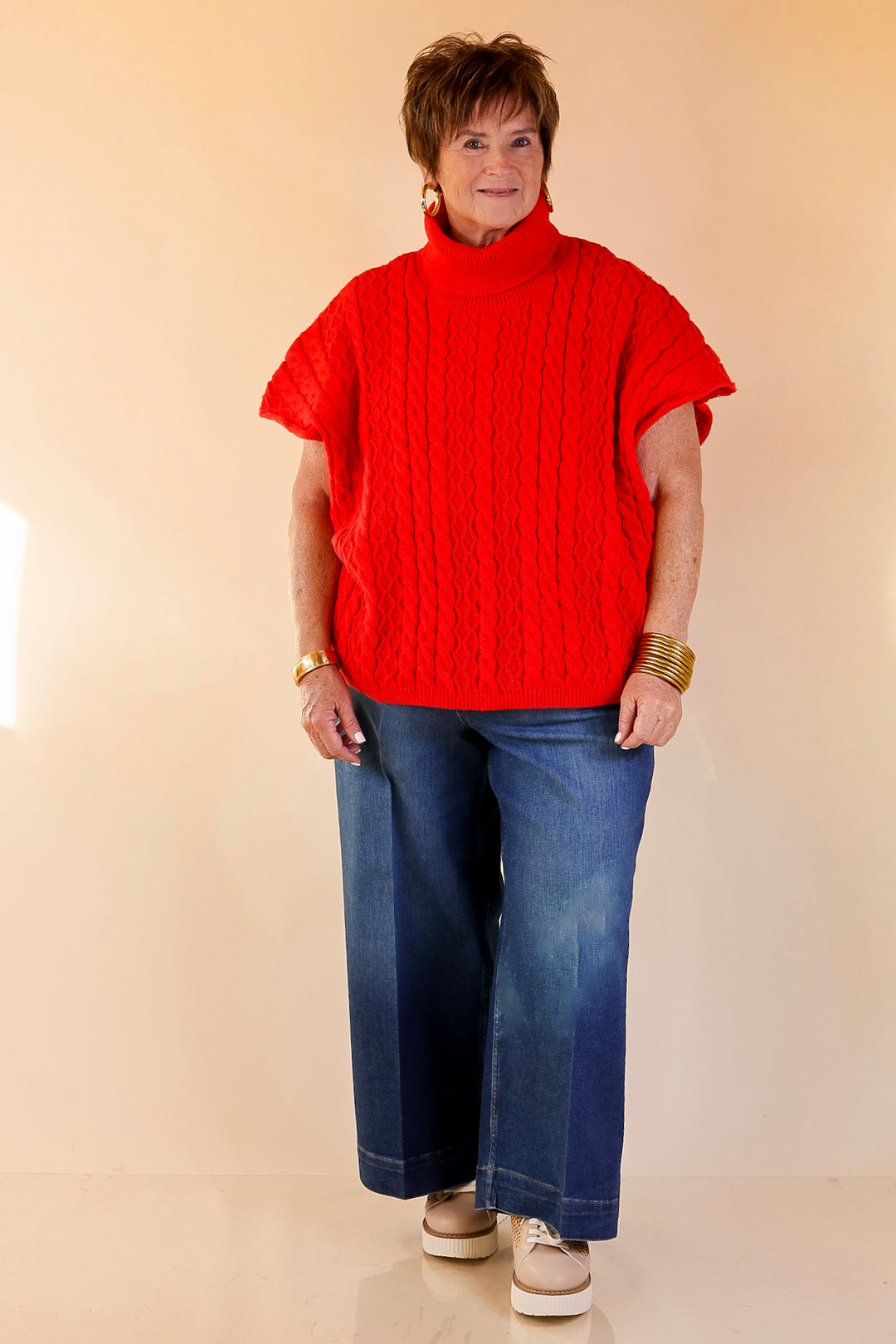 Knit to Be Cable Knit Turtleneck Sweater in Red