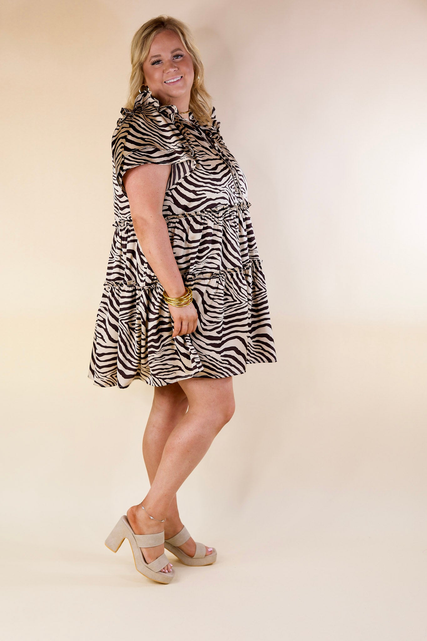 Plus Sizes | If You Dare Zebra Print Tiered Dress in Chocolate Brown