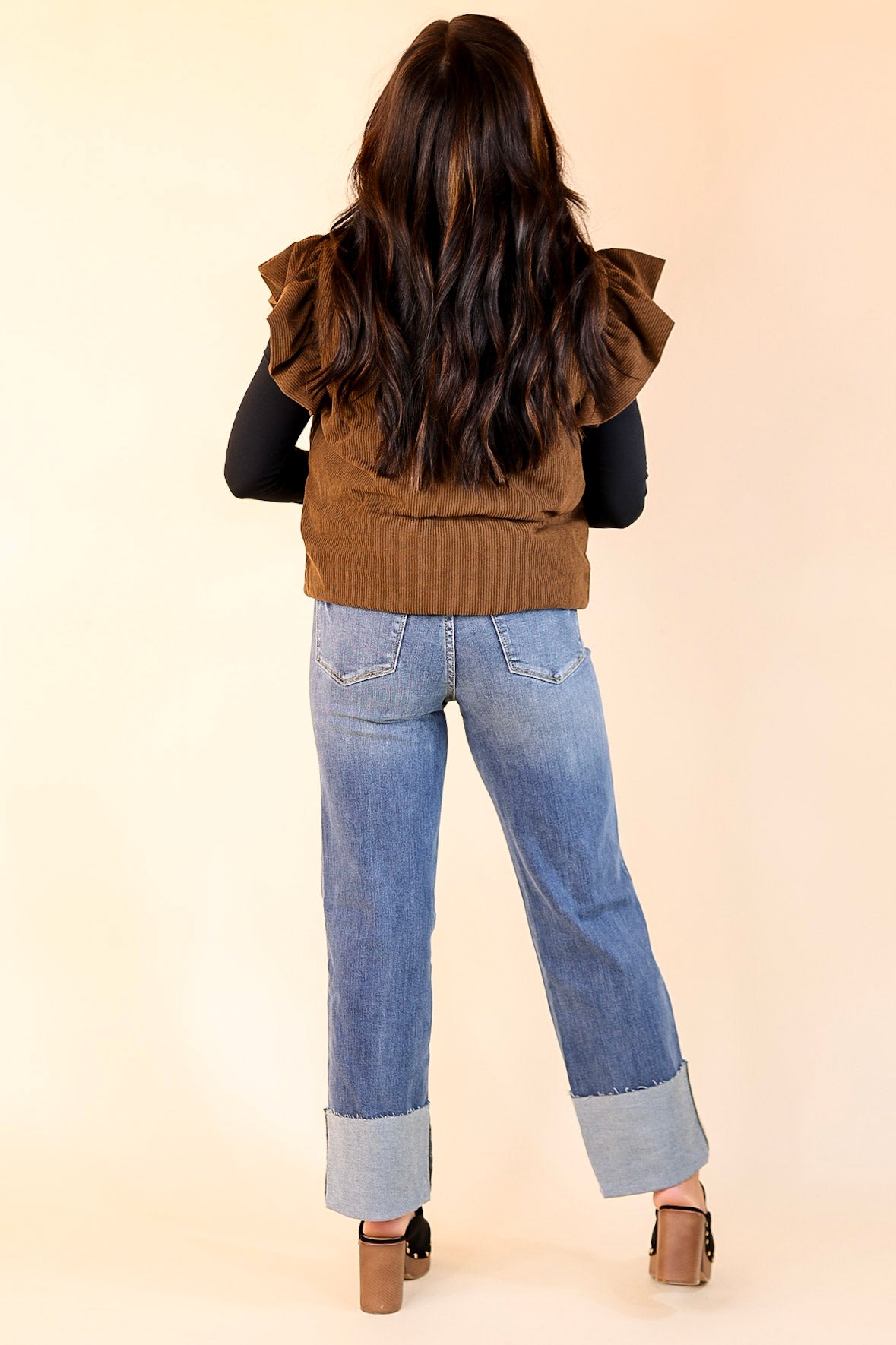 Winter Wanderlust Corduroy Puffer Vest with Ruffle Sleeves in Brown