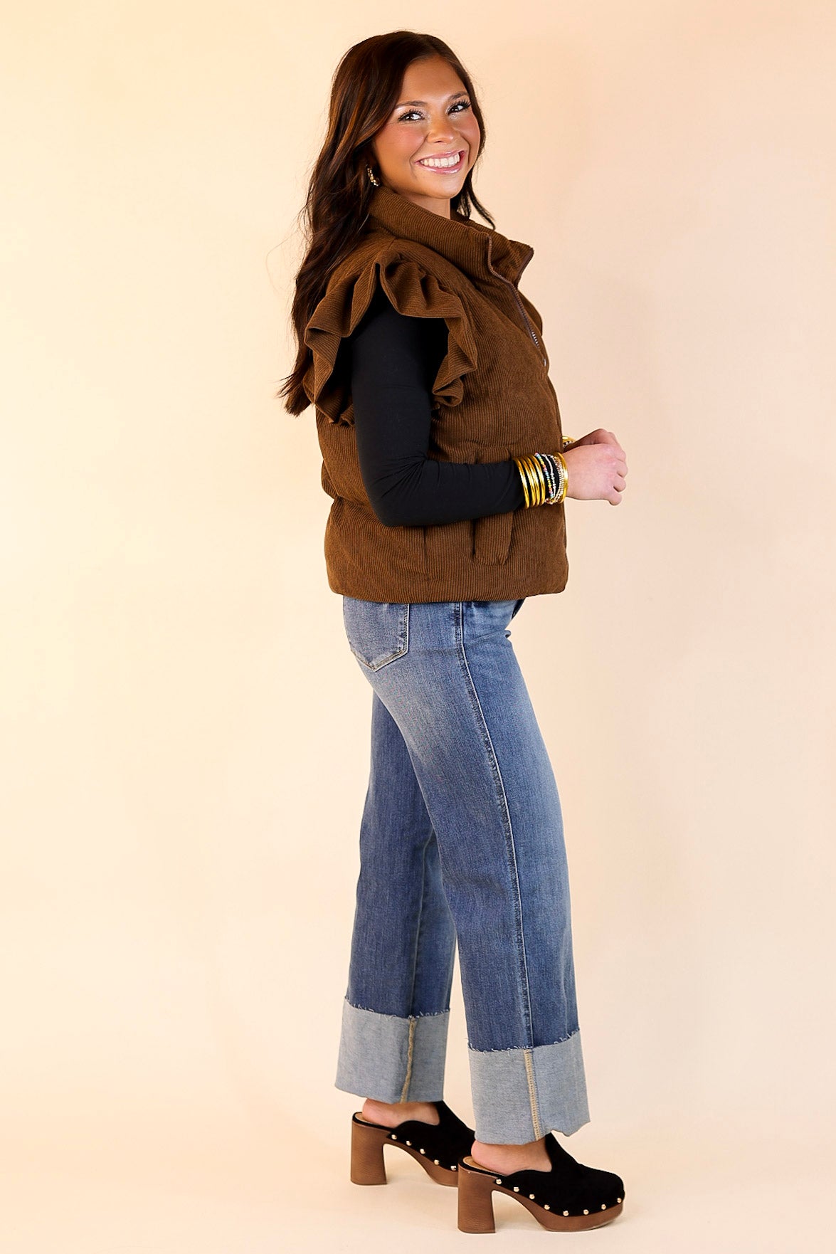 Winter Wanderlust Corduroy Puffer Vest with Ruffle Sleeves in Brown