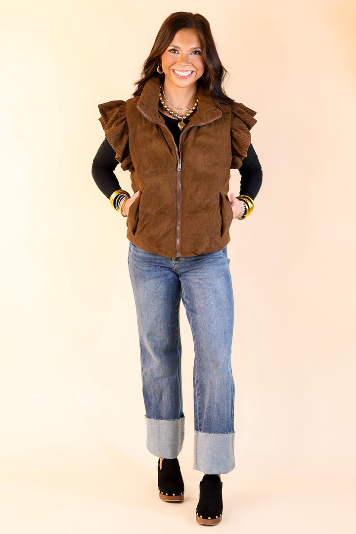 Winter Wanderlust Corduroy Puffer Vest with Ruffle Sleeves in Brown