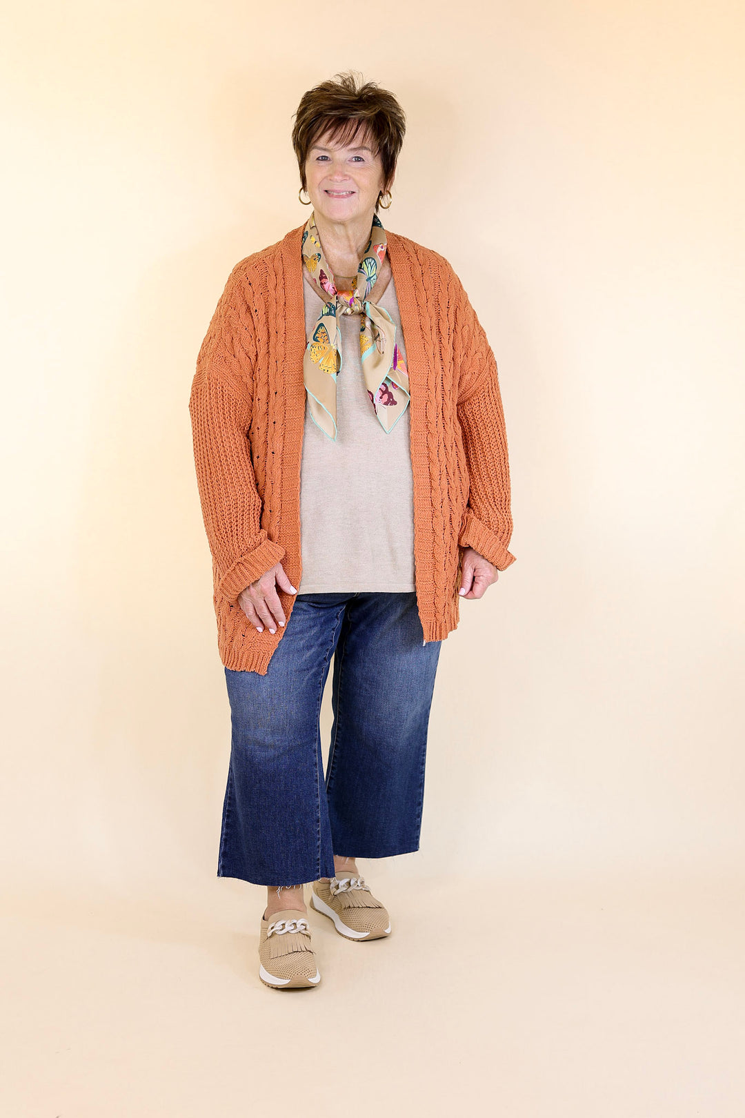 On My Level Chenille Cable Knit Open Front Cardigan in Canyon Clay Orange