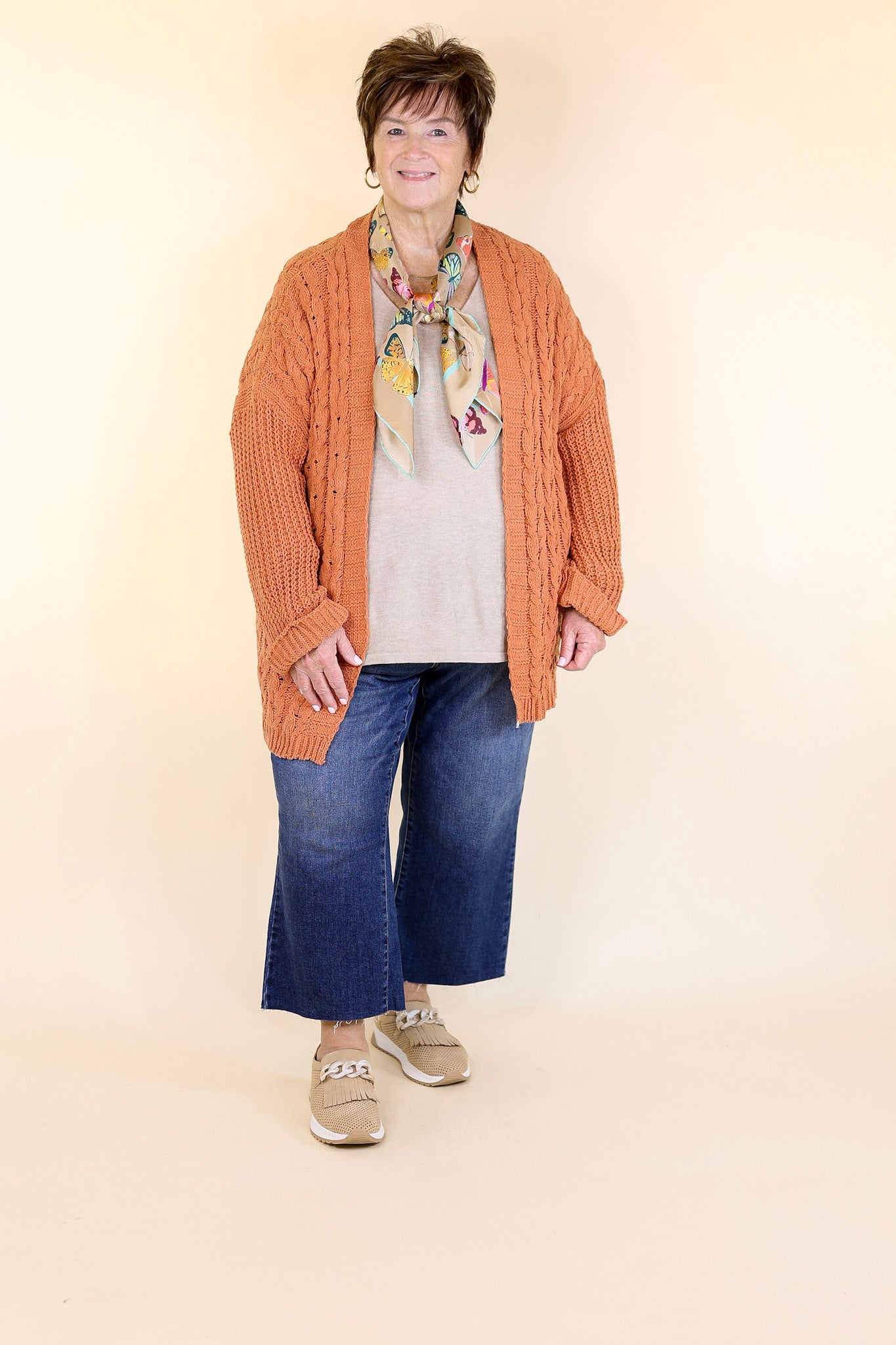 On My Level Chenille Cable Knit Open Front Cardigan in Canyon Clay Orange