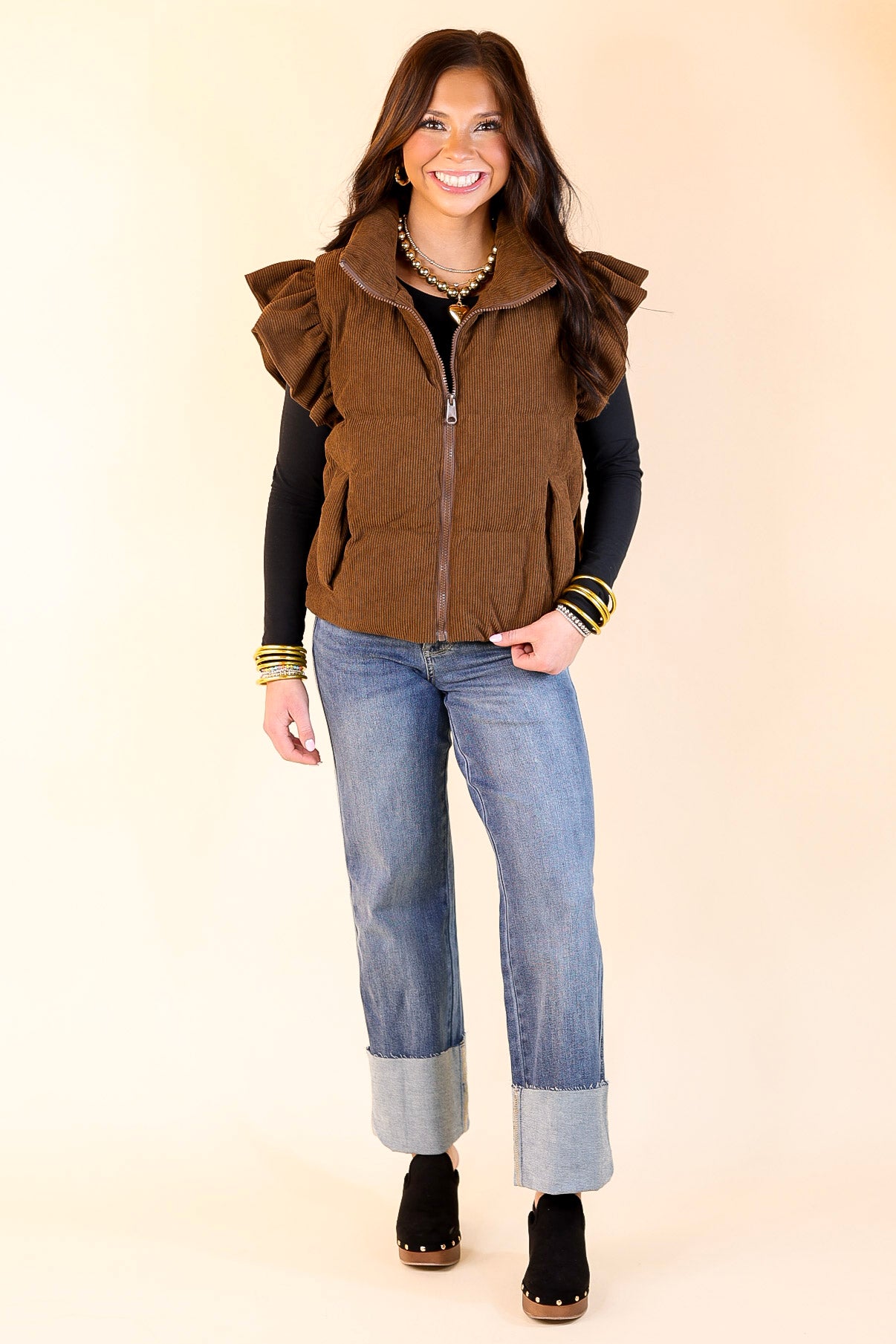 Winter Wanderlust Corduroy Puffer Vest with Ruffle Sleeves in Brown