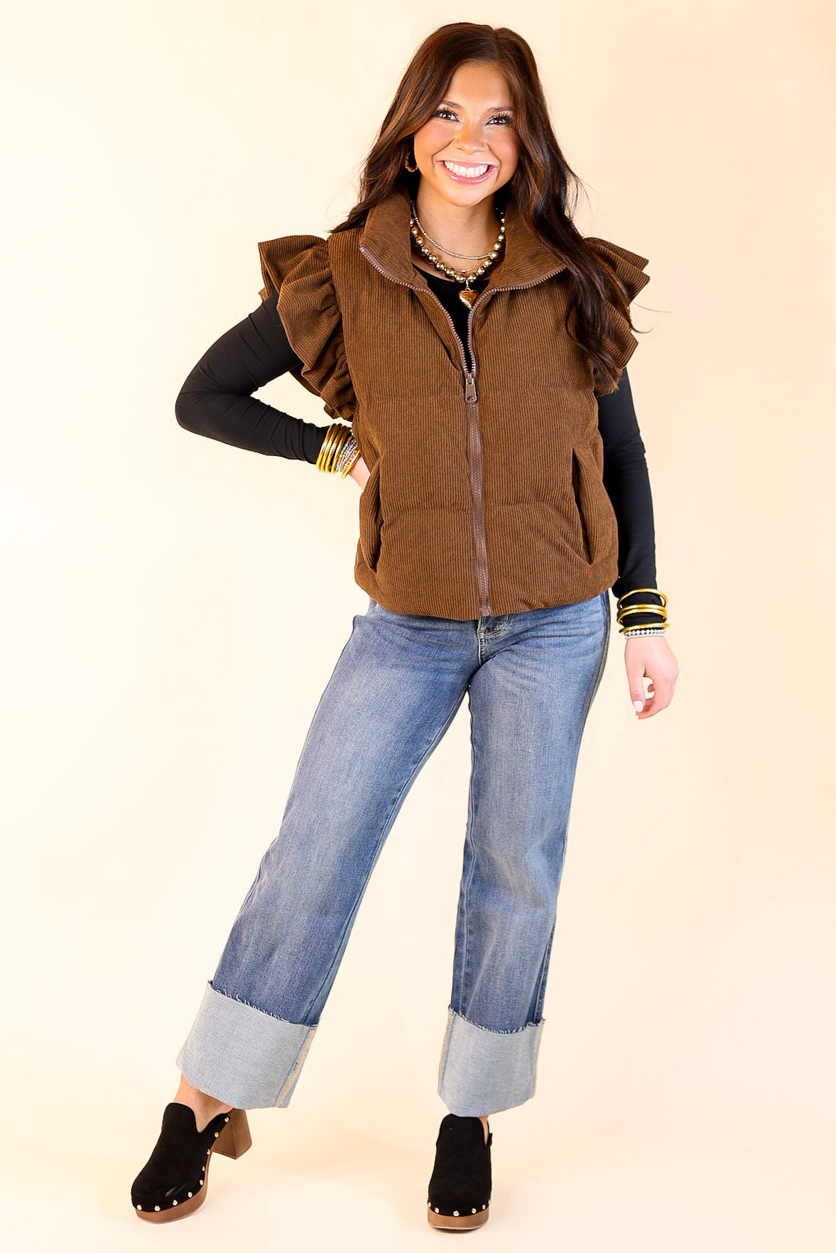 Winter Wanderlust Corduroy Puffer Vest with Ruffle Sleeves in Brown