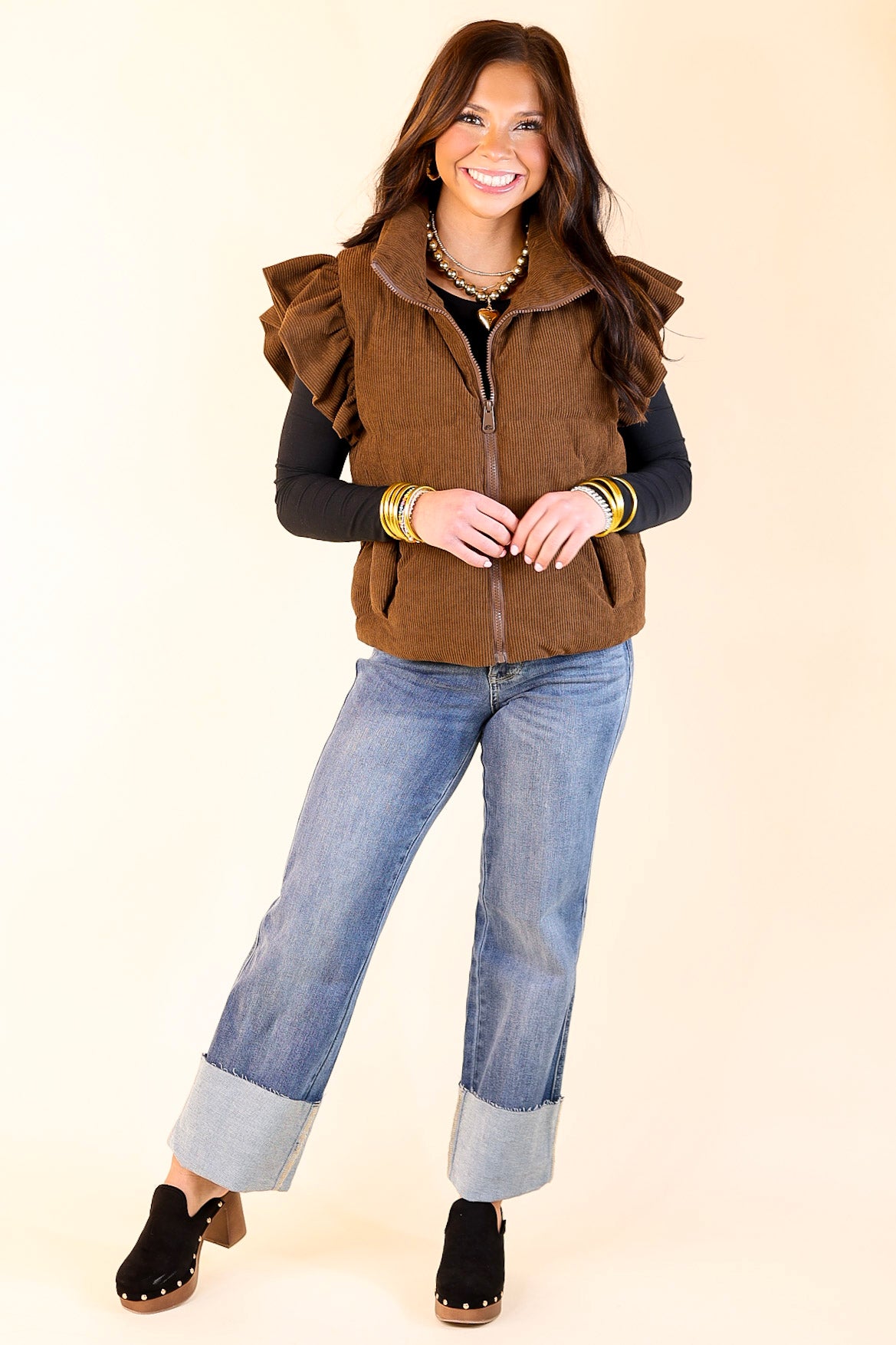 Winter Wanderlust Corduroy Puffer Vest with Ruffle Sleeves in Brown