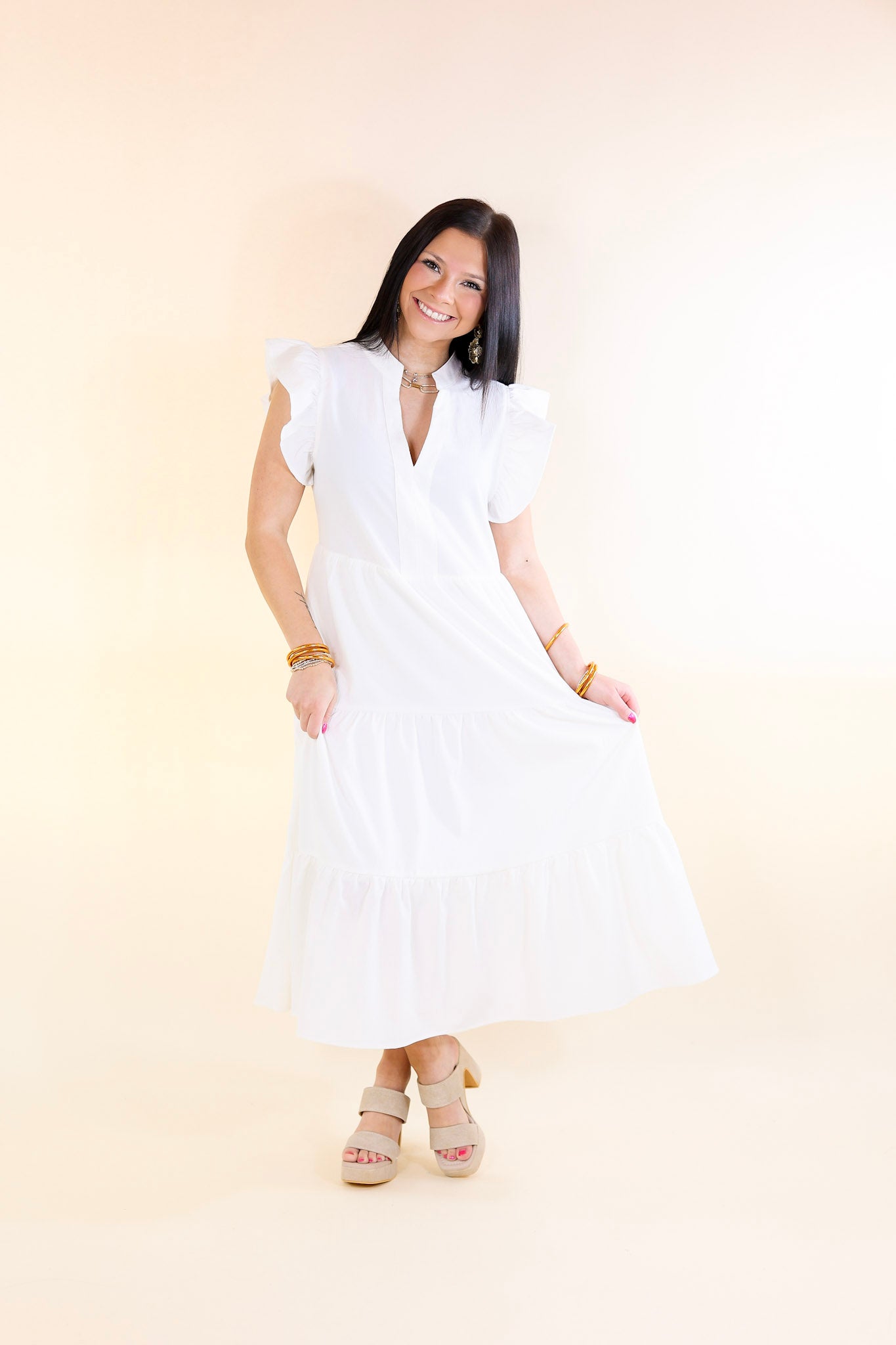 Magnolia Morning Ruffle Cap Sleeve Tiered Midi Dress in White