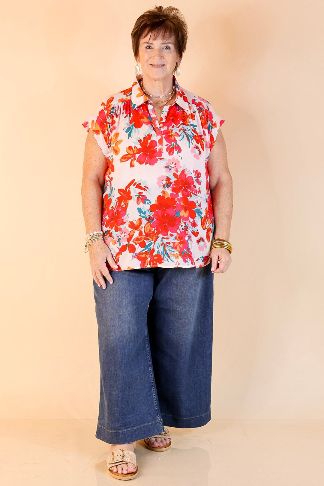 Summer Lover Floral Half Button Up Top with Short Sleeves in Red Mix