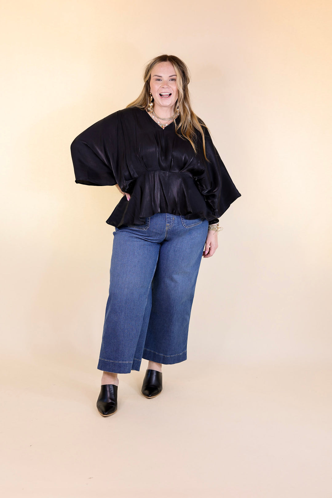 Hear the Music Drop Sleeve Satin V Neck Peplum Top in Shiny Black