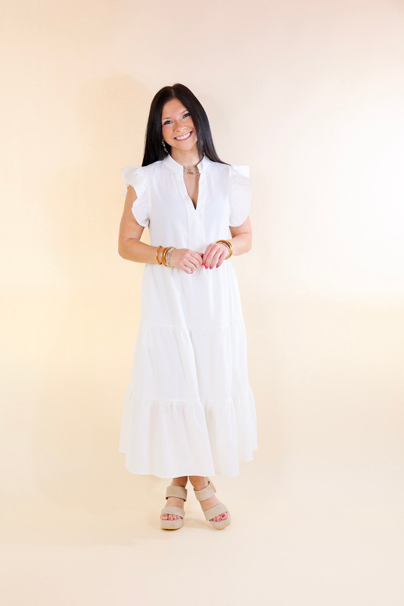 Magnolia Morning Ruffle Cap Sleeve Tiered Midi Dress in White