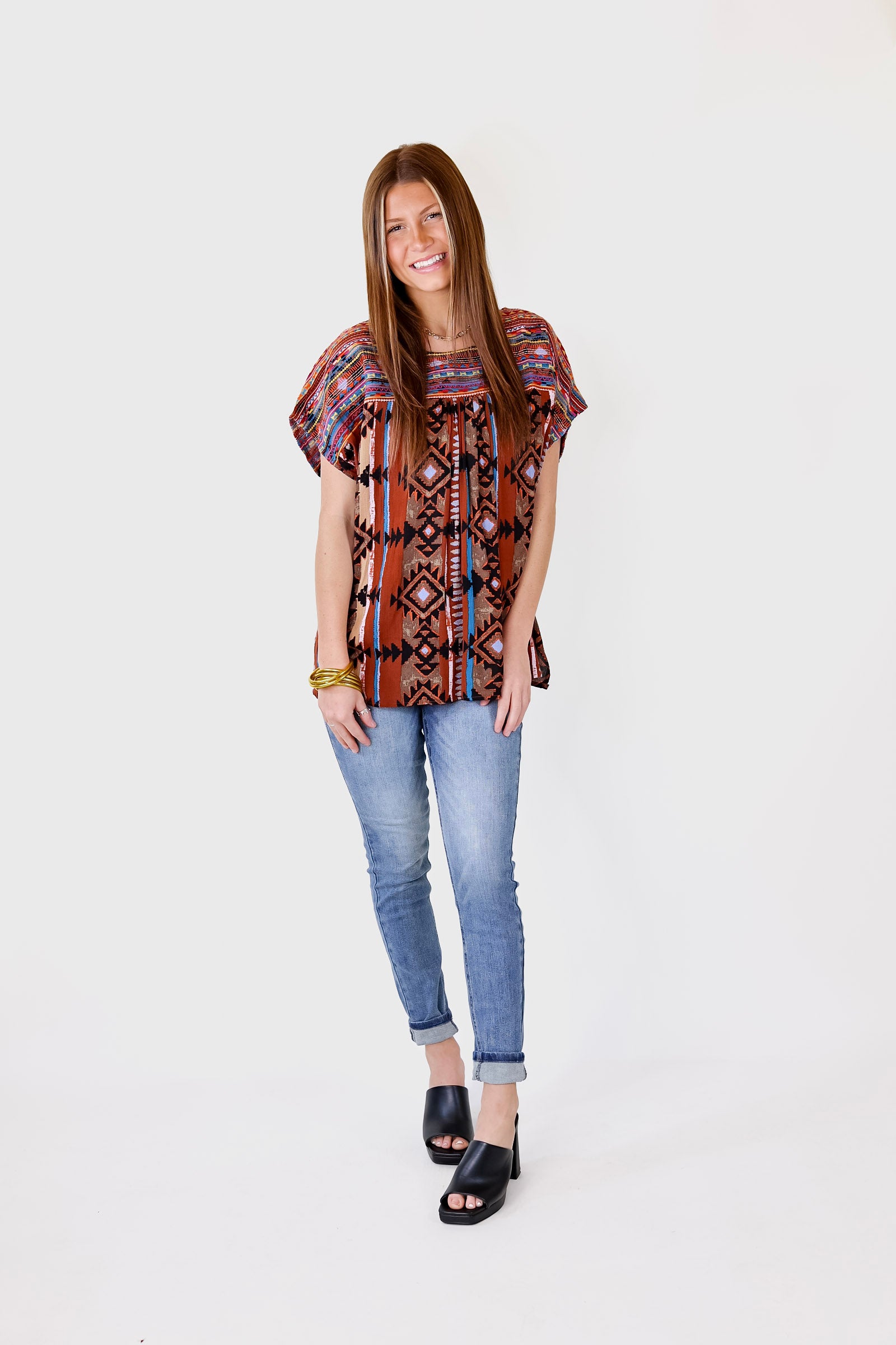 Colors Of The West Aztec Print Embroidered Cap Sleeve Top in Brown