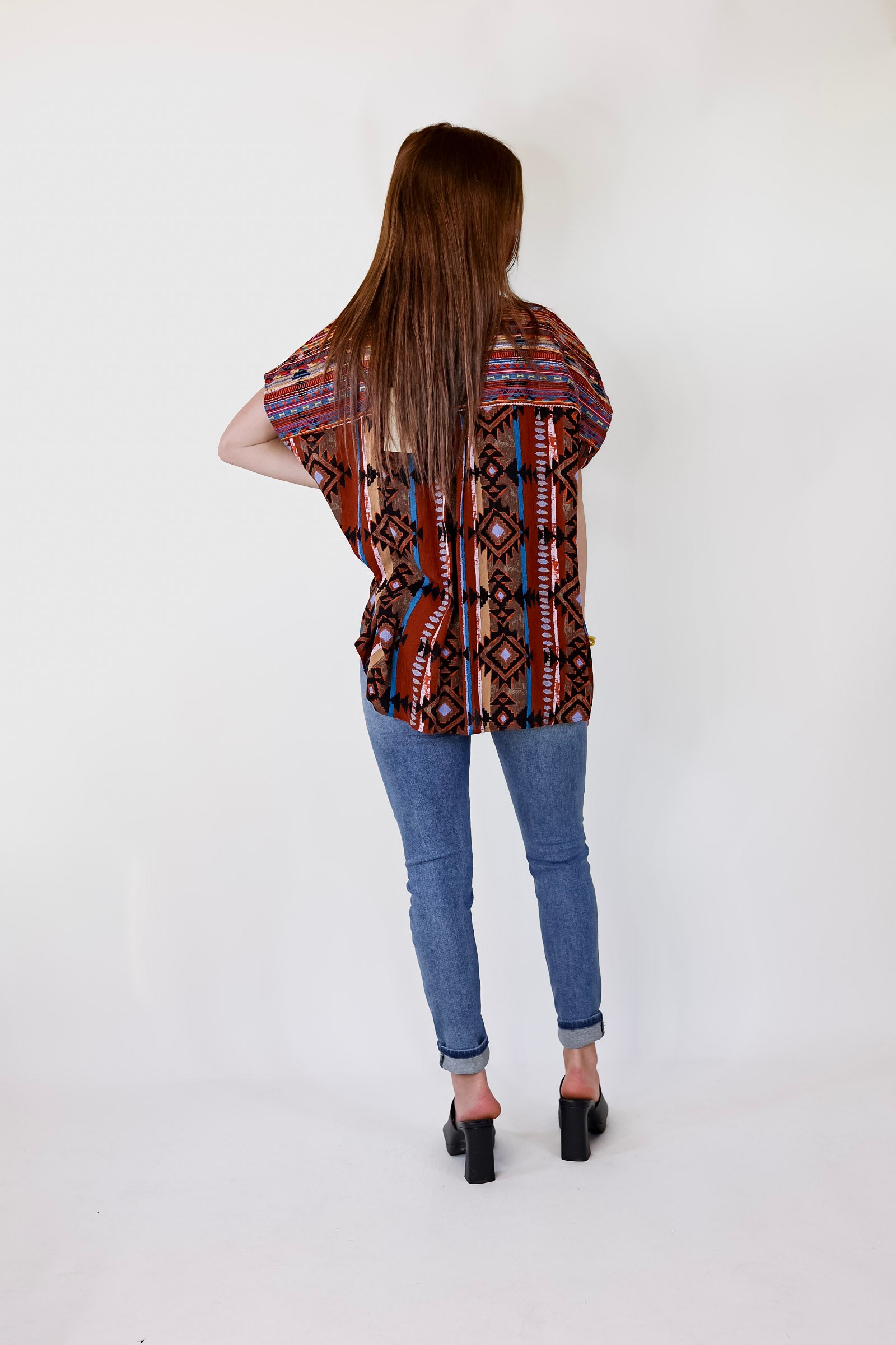 Colors Of The West Aztec Print Embroidered Cap Sleeve Top in Brown - Giddy Up Glamour Boutique