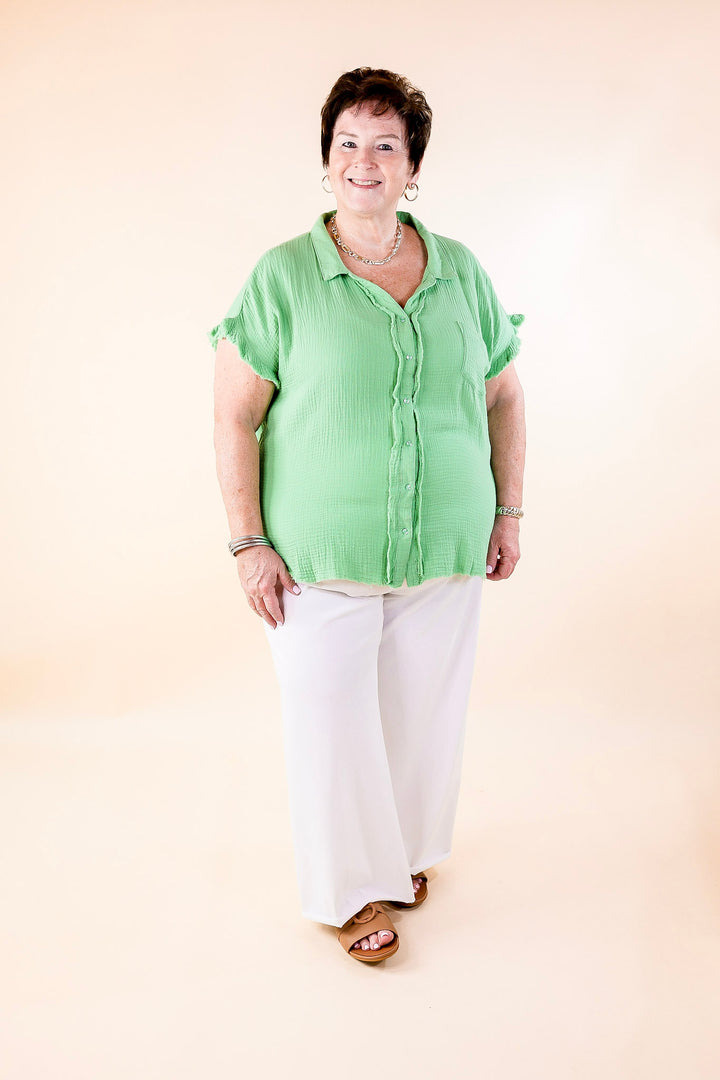 Right On Cue Button Up Raw Hem Top in Spring Green - Giddy Up Glamour Boutique
