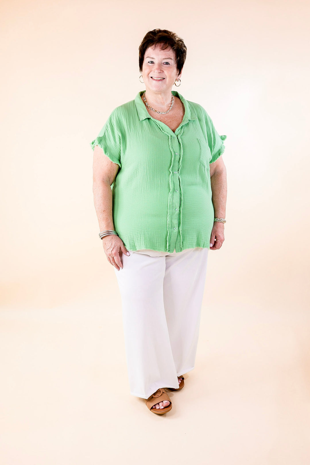 Right On Cue Button Up Raw Hem Top in Spring Green - Giddy Up Glamour Boutique