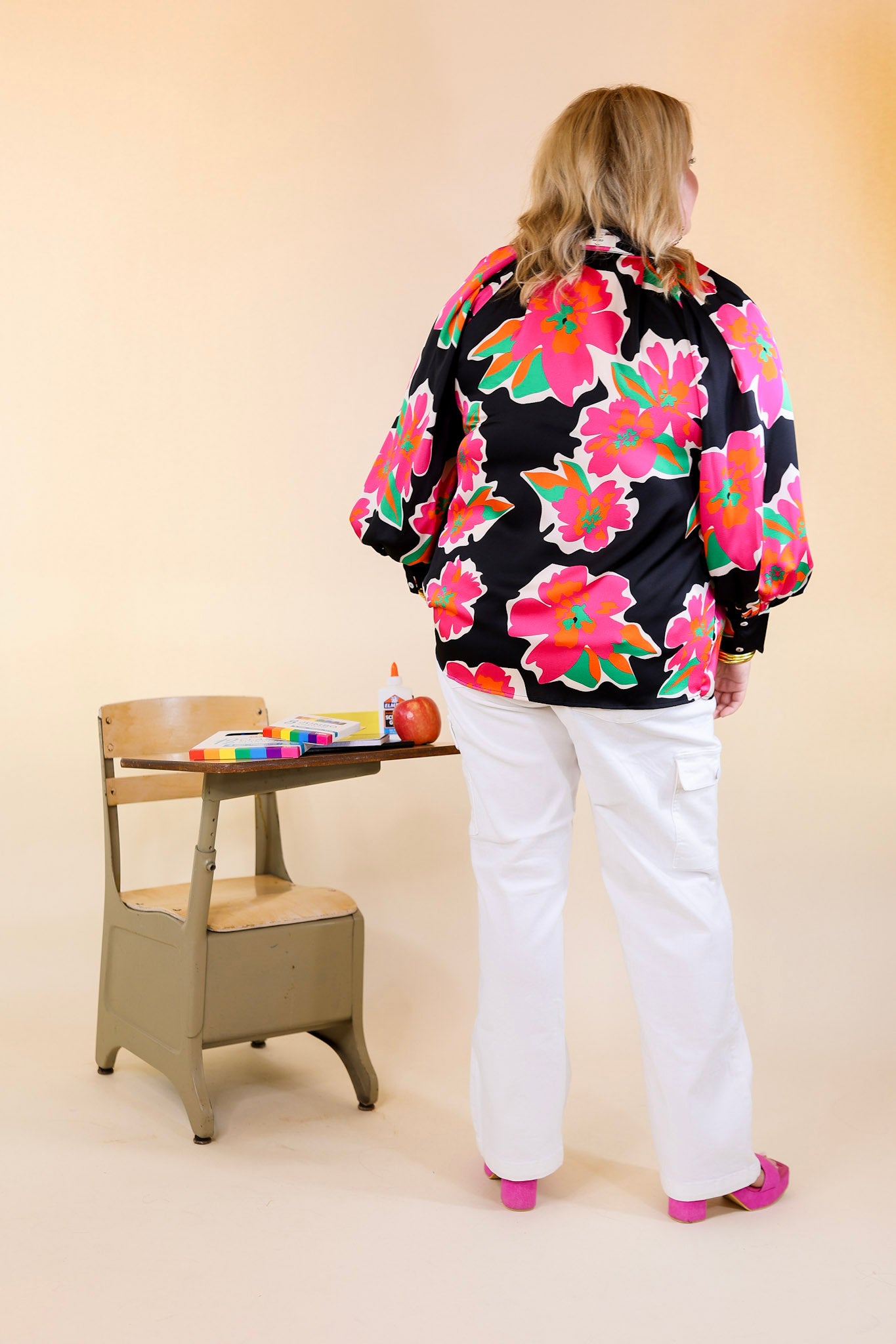 Peony Path Long Sleeve Floral Top with V Neckline in Black