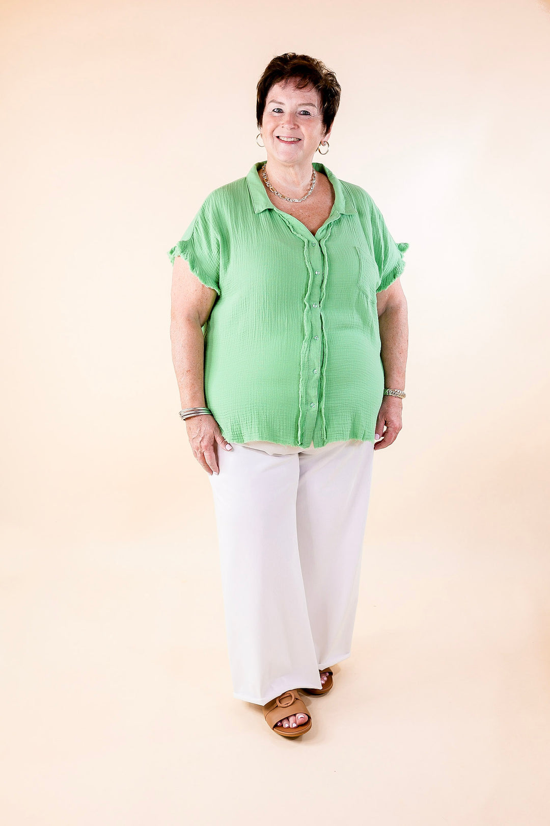 Right On Cue Button Up Raw Hem Top in Spring Green - Giddy Up Glamour Boutique