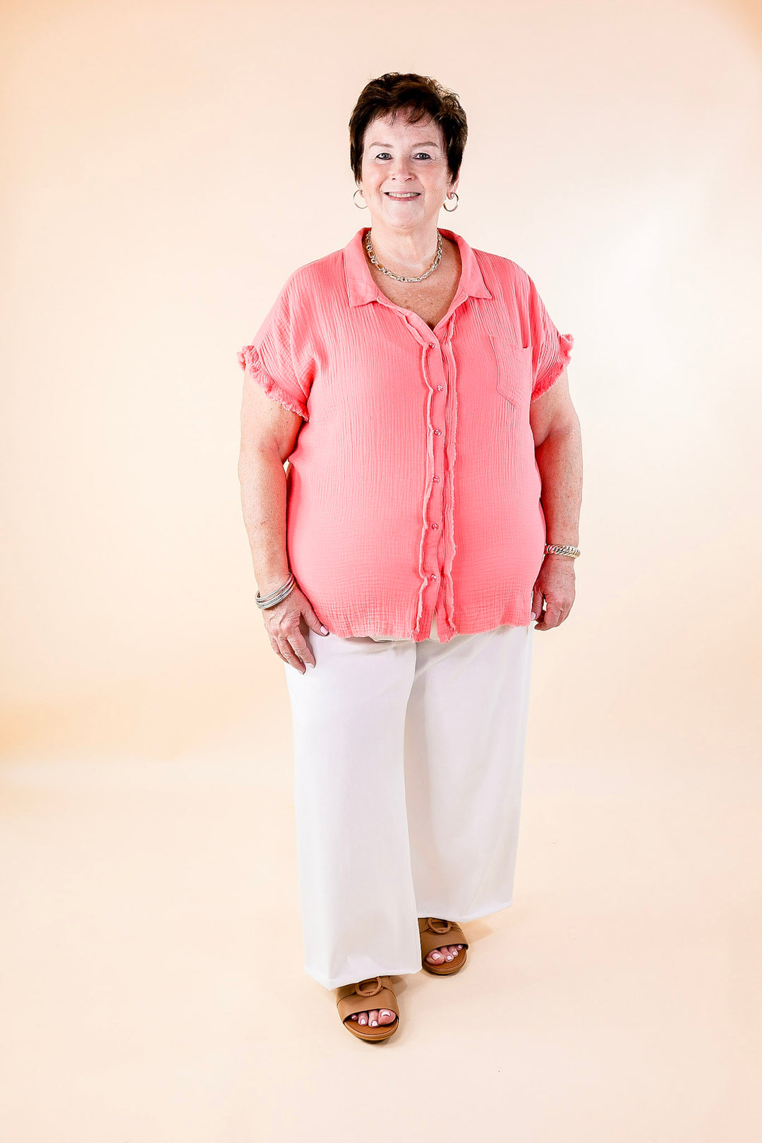 Right On Cue Button Up Raw Hem Top in Coral Pink - Giddy Up Glamour Boutique