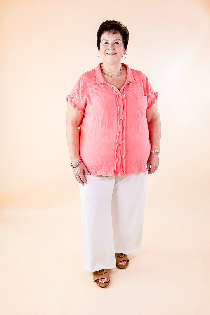 Right On Cue Button Up Raw Hem Top in Coral Pink - Giddy Up Glamour Boutique