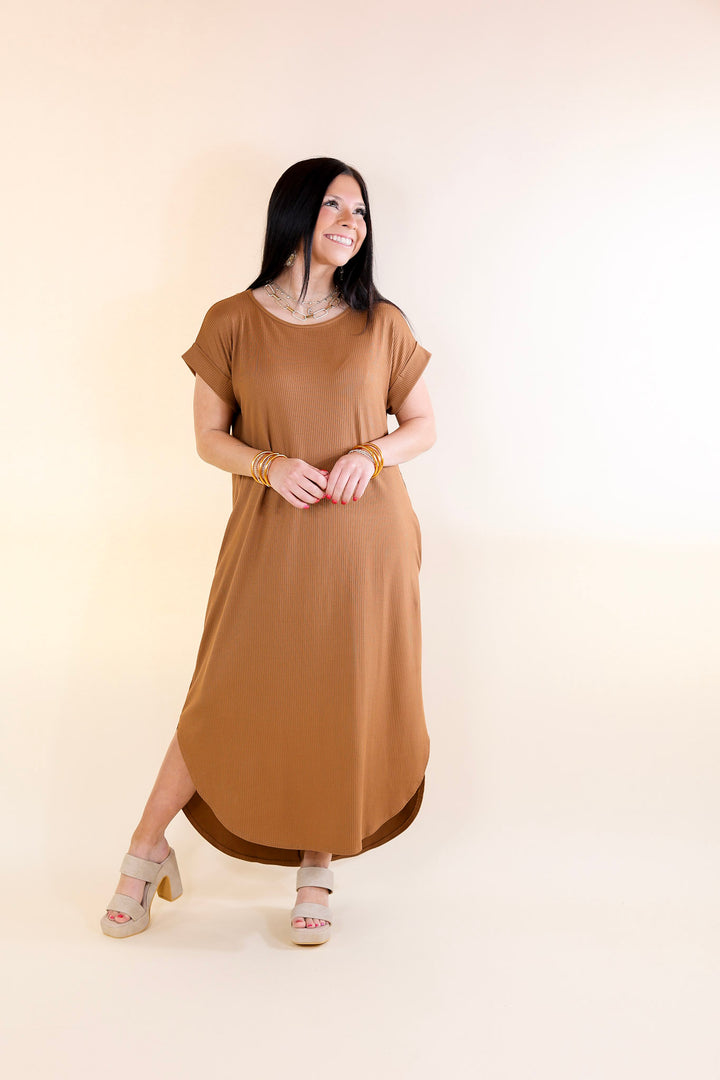 Last Chance Size Small & XL | Chill Looks Short Sleeve Thin Ribbed Midi Dress in Caramel Brown