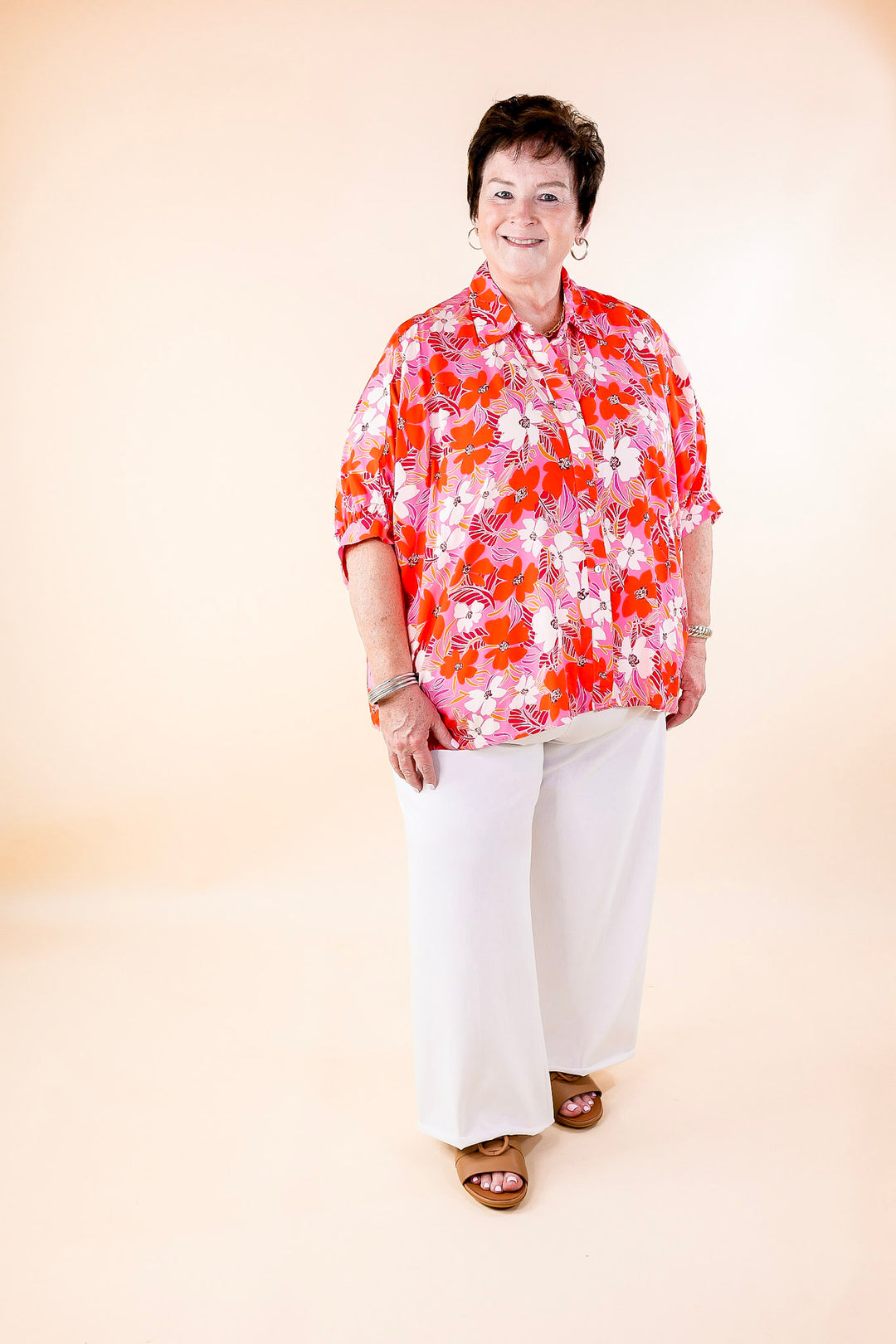 Bright Lifestyle Button Up Half Sleeve Floral Poncho Top in Pink Mix - Giddy Up Glamour Boutique