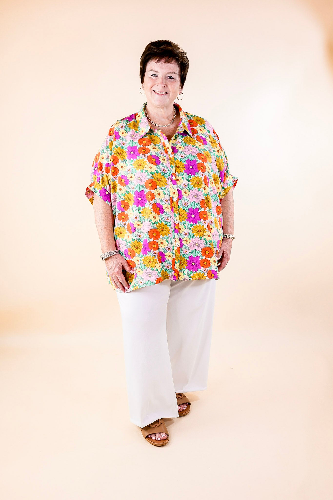 Pretty Days Floral Print Button Up Poncho Top with Short Sleeves in Cream - Giddy Up Glamour Boutique